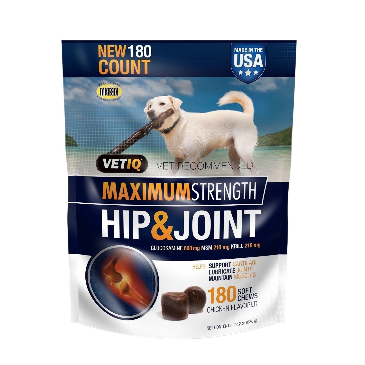 VETIQMaximum Strength Hip & Joint, 180 Chicken Flavored Soft Chews for Dogs, 22.2 oz (Pack of 3)