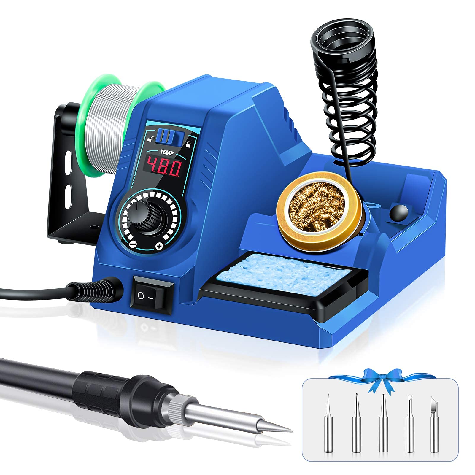 Soldering Station – 60W Soldering Iron Station Kit 90°C-480°C Adjustable Temperature, LED Display, 10 Minutes Sleep Function, Temperature Lock, 5 Extra Solder Tips & 1 Solder Wire Blue