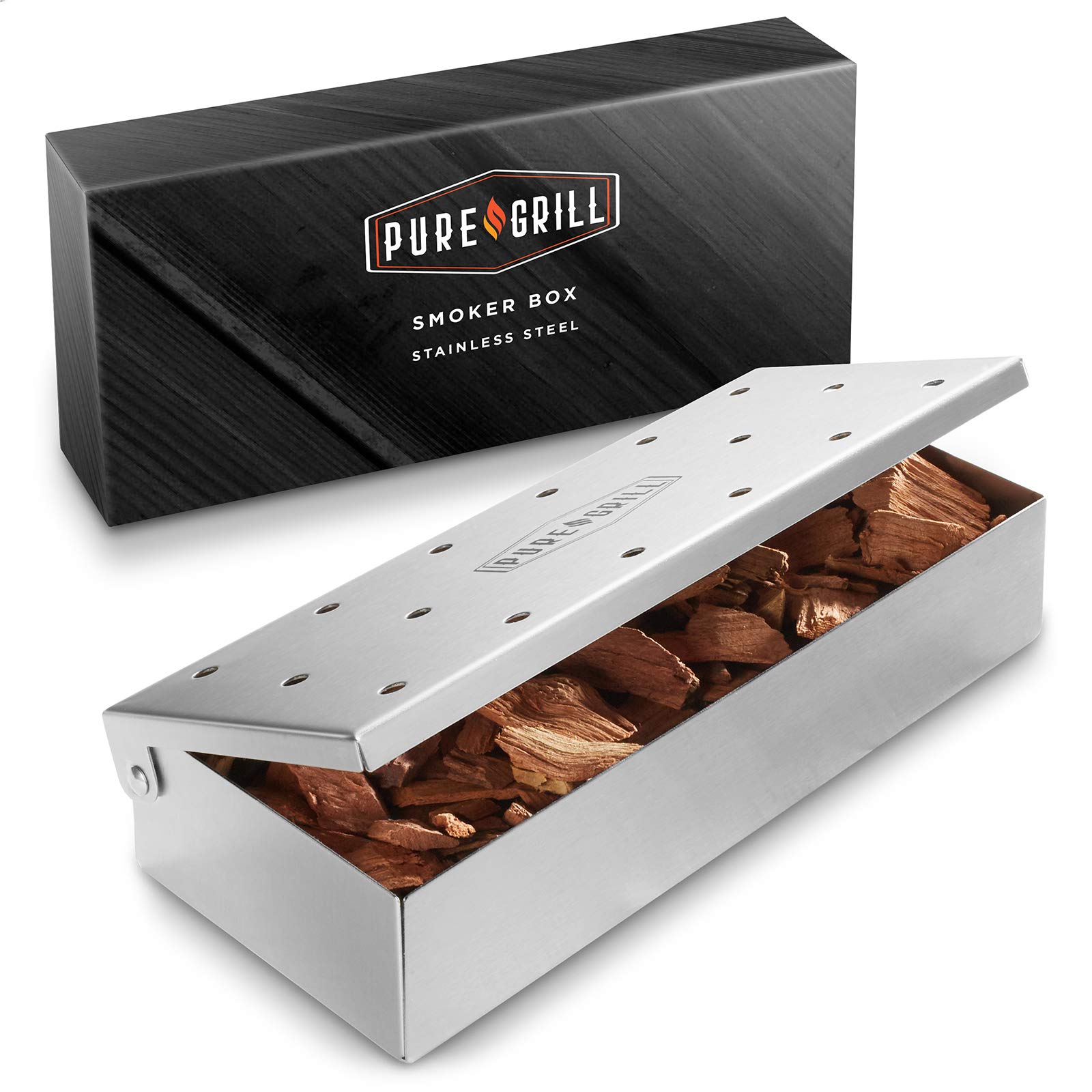 Pure Grill BBQ Smoker Box - Heavy Duty Stainless Steel with Hinged Lid for Wood Chips - Barbecue Meat Smoking for Charcoal and Gas Grills