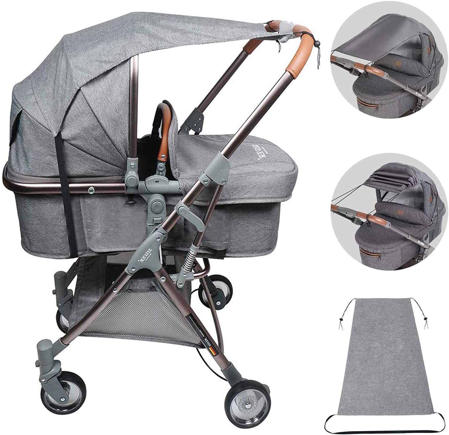 DELFINO Baby Sun Shade Cover and Sleep Shade for Baby Stroller & Joggers, Toddler Awning Anti-UV Protection Umbrella and Universal with Adjustable Strap, Blocks The Sun's Rays Dark gray