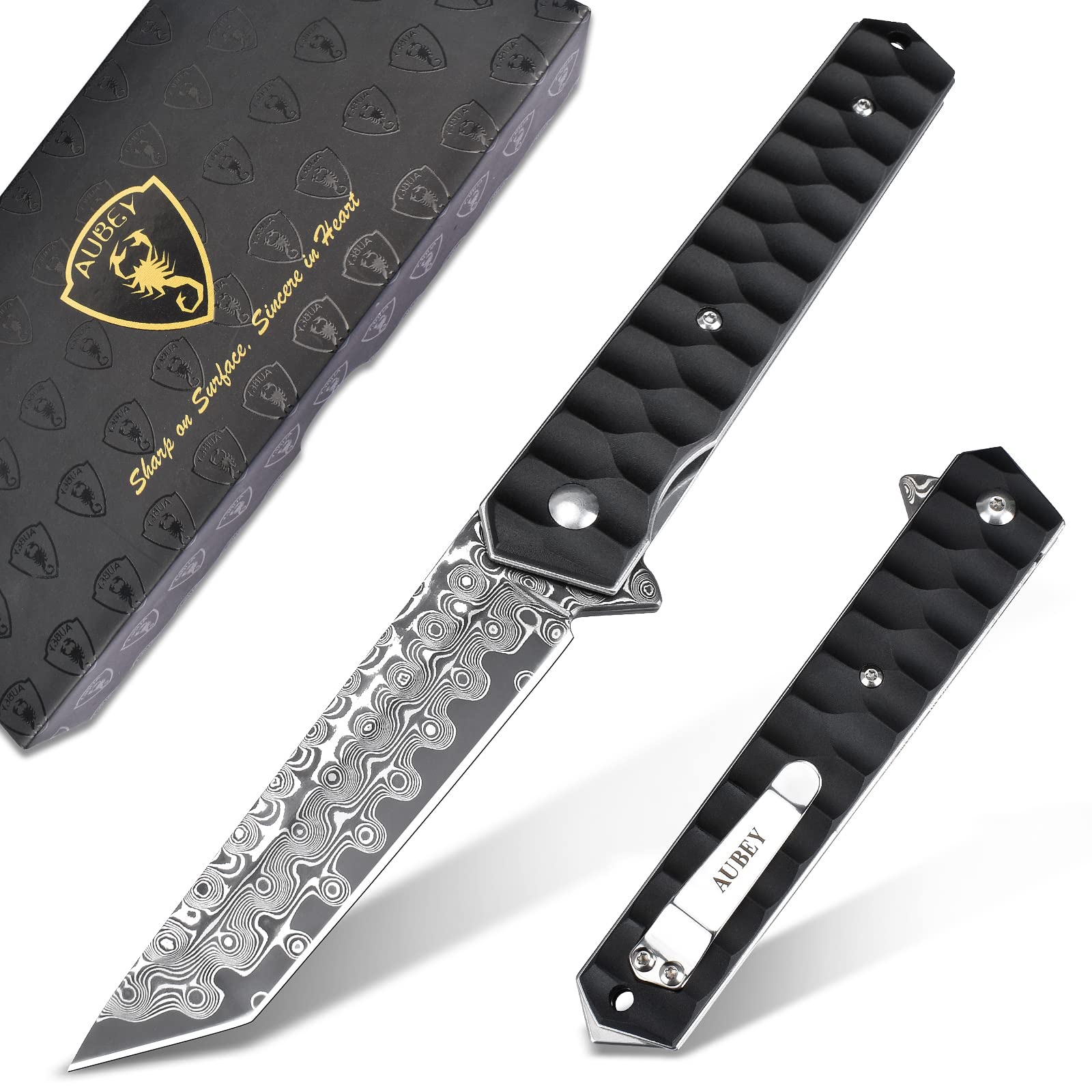 AUBEY Damascus Pocket Knife with Clip, Tanto Blade Damascus Steel Folding Knives for Men Tactical, Aluminum Handle with Glass Breaker for EDC Camping Gift