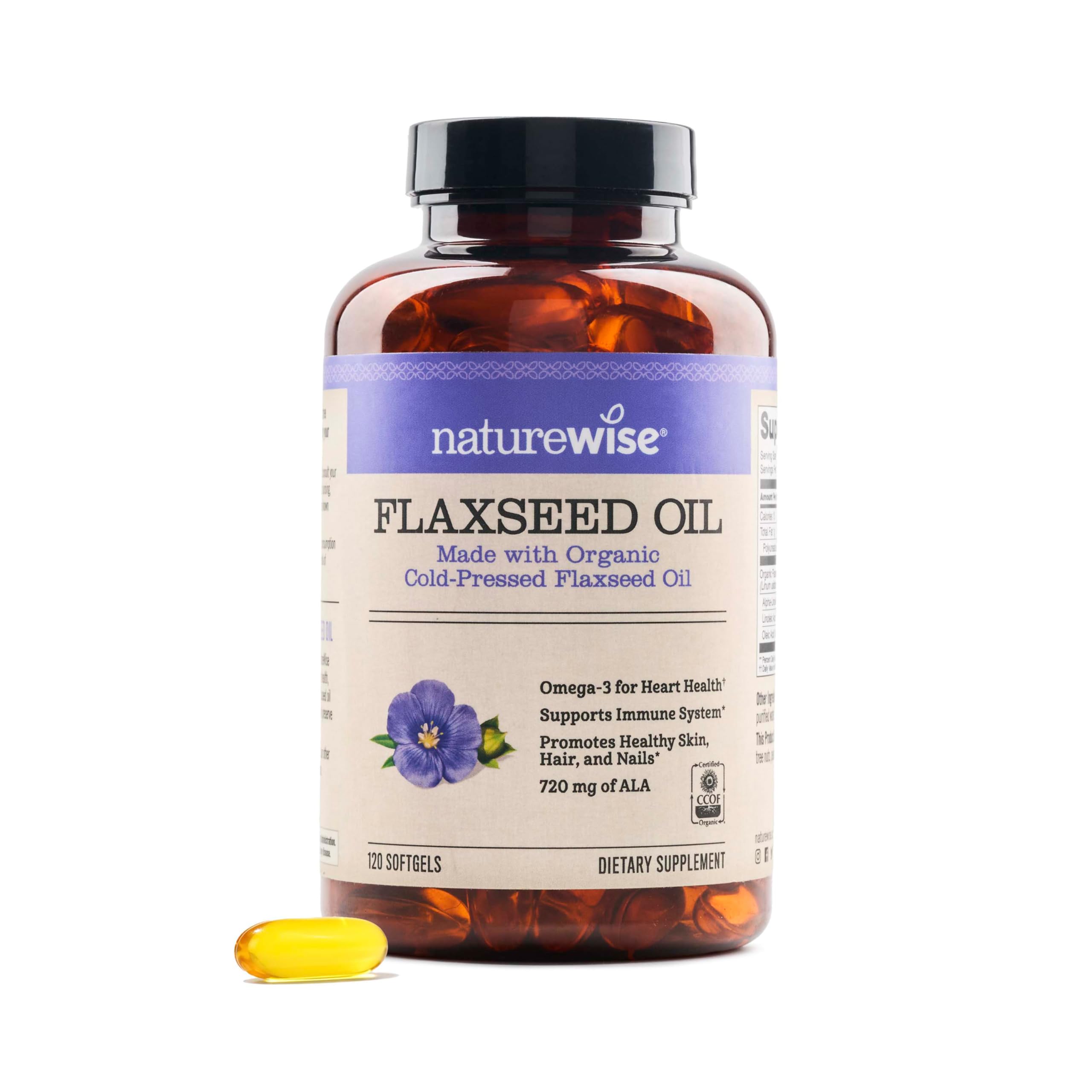 NatureWise Organic Flaxseed Oil 1200mg 720mg ALA Highest Potency Flax Oil Omega 3 for Cardiovascular, Cognitive, Immune Support Healthy Hair, Skin, & Nails Non-GMO [2 Months - 120 Softgels]