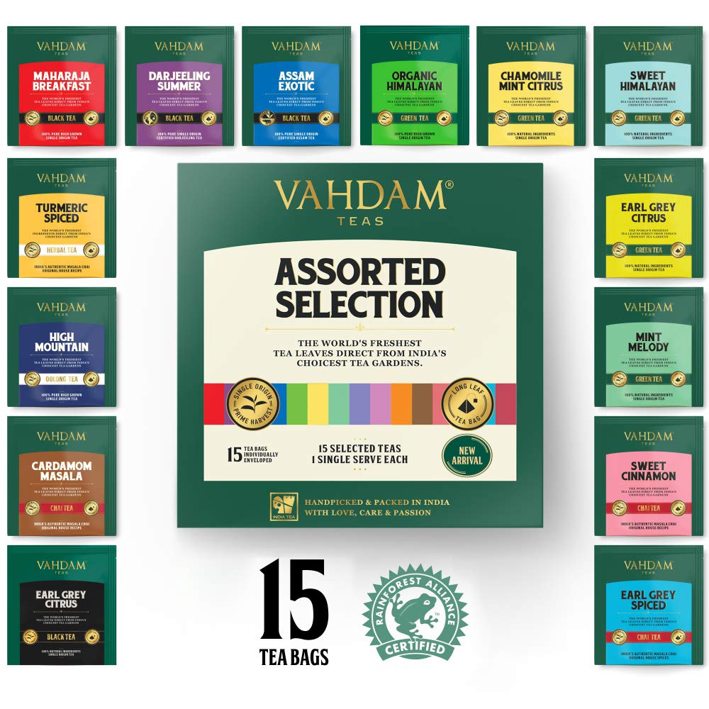 VAHDAM, Assorted Tea Sampler (15 Different Variety in Individually Wrapped Pyramid Tea Bags) Long Leaf Premium Teas I Tea Gift Set I Christmas Tea Gift Ideas for Tea Lovers