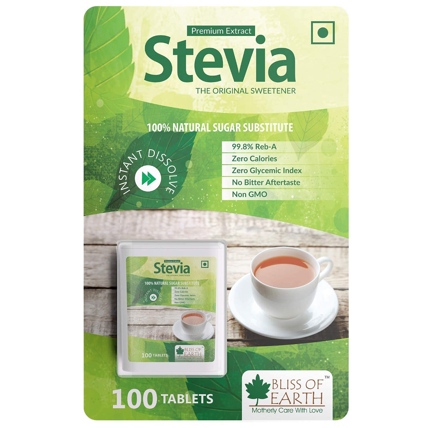 Bliss of Earth Stevia 100 Tablets Sugar free Pellets Zero Calorie Sweetener Diabetic and Keto Friendly Zero Calorie Keto Sweetener, Organic Quick Dissolve 99.8% REB-A Purity