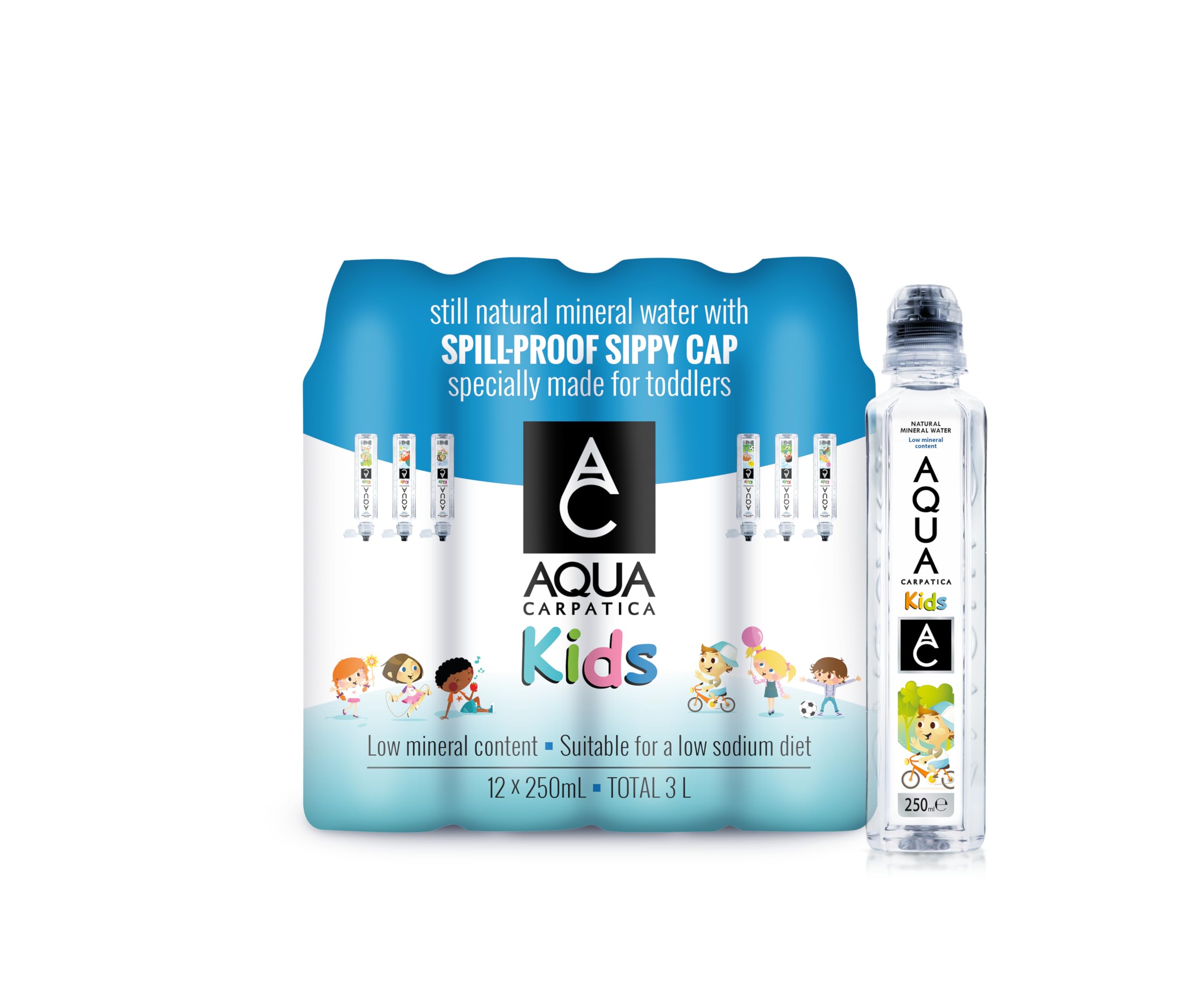 Aqua CarpaticaKids 250mlx12 - Pure Natural Still Mineral Water for Children with Spill-Proof Sippy Cap, Virtually Nitrate-Free, Low Sodium, Naturally Alkaline, Perfect for Lunchboxes, 100% Recyclable