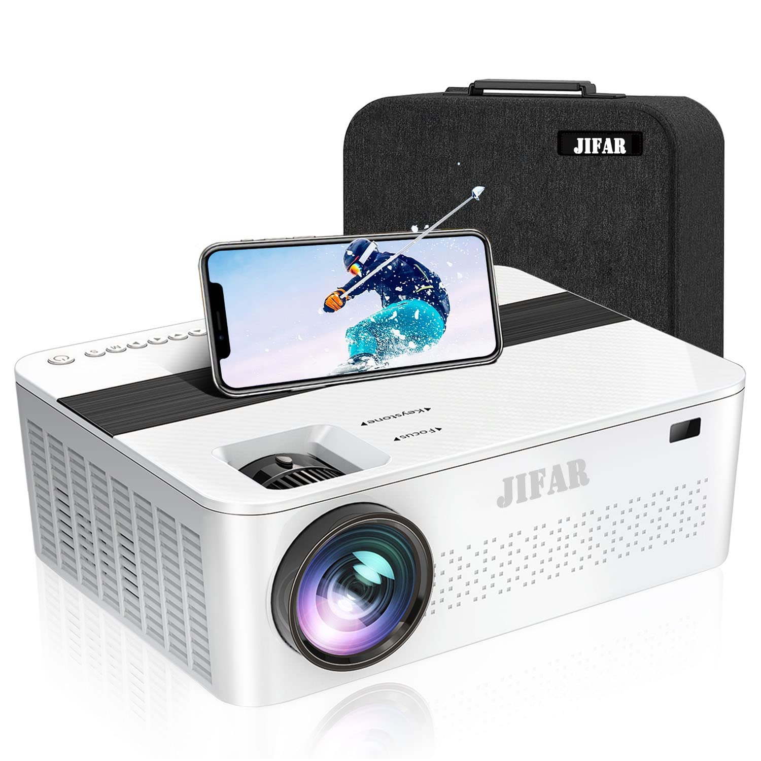 JIFAR Native 1080p Projector with a Bag,9000 Lux 4k Projector for Outdoor Movies with 450in Display,Support Dolby & Zoom,Compatible with TV Stick,HDMI,VGA.USB,Smartphone,PC (White)