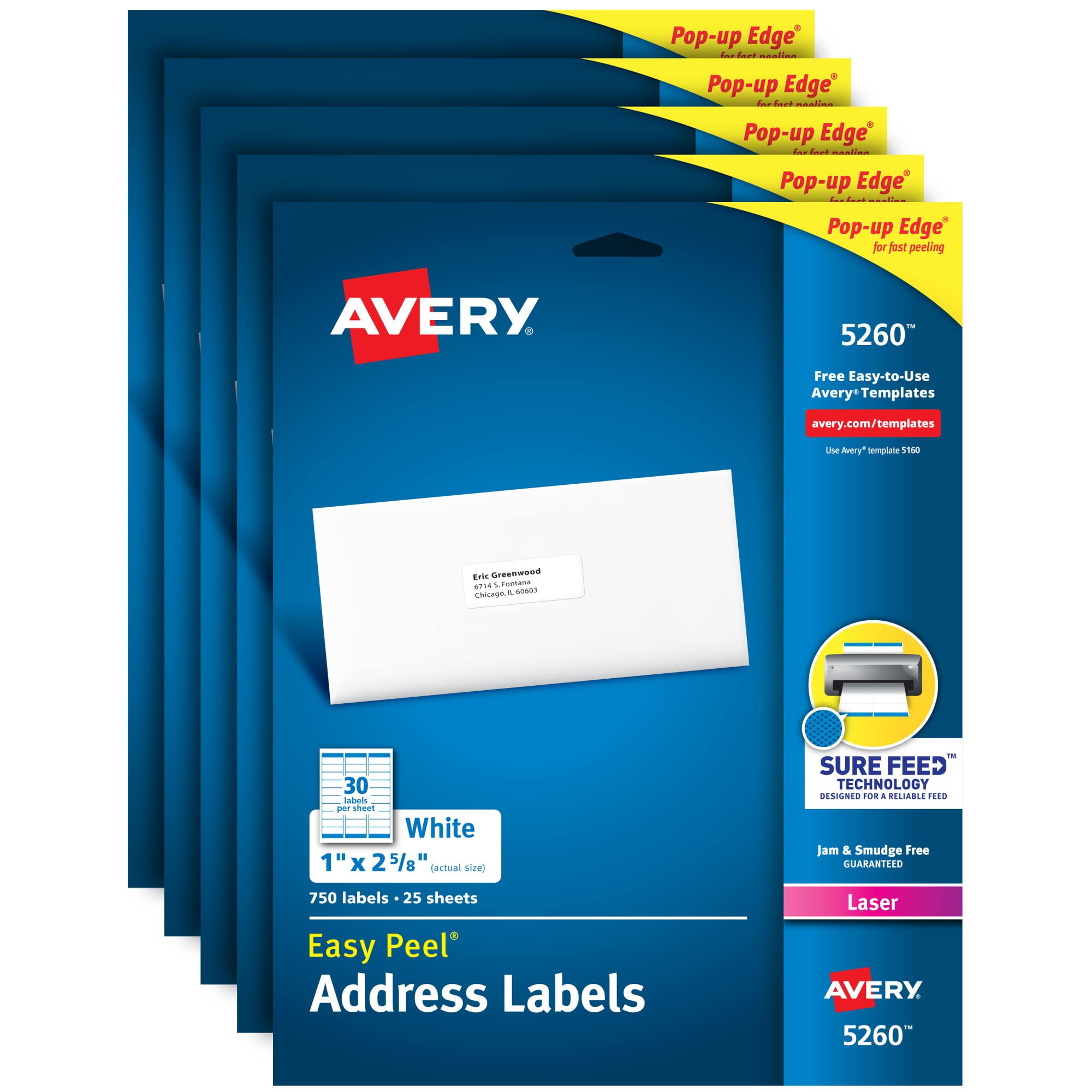 Avery Address Labels with Sure Feed for Laser Printers, 1" x 2-5/8", 3,750 Labels – Great for FBA Labels (5 Packs 5260)