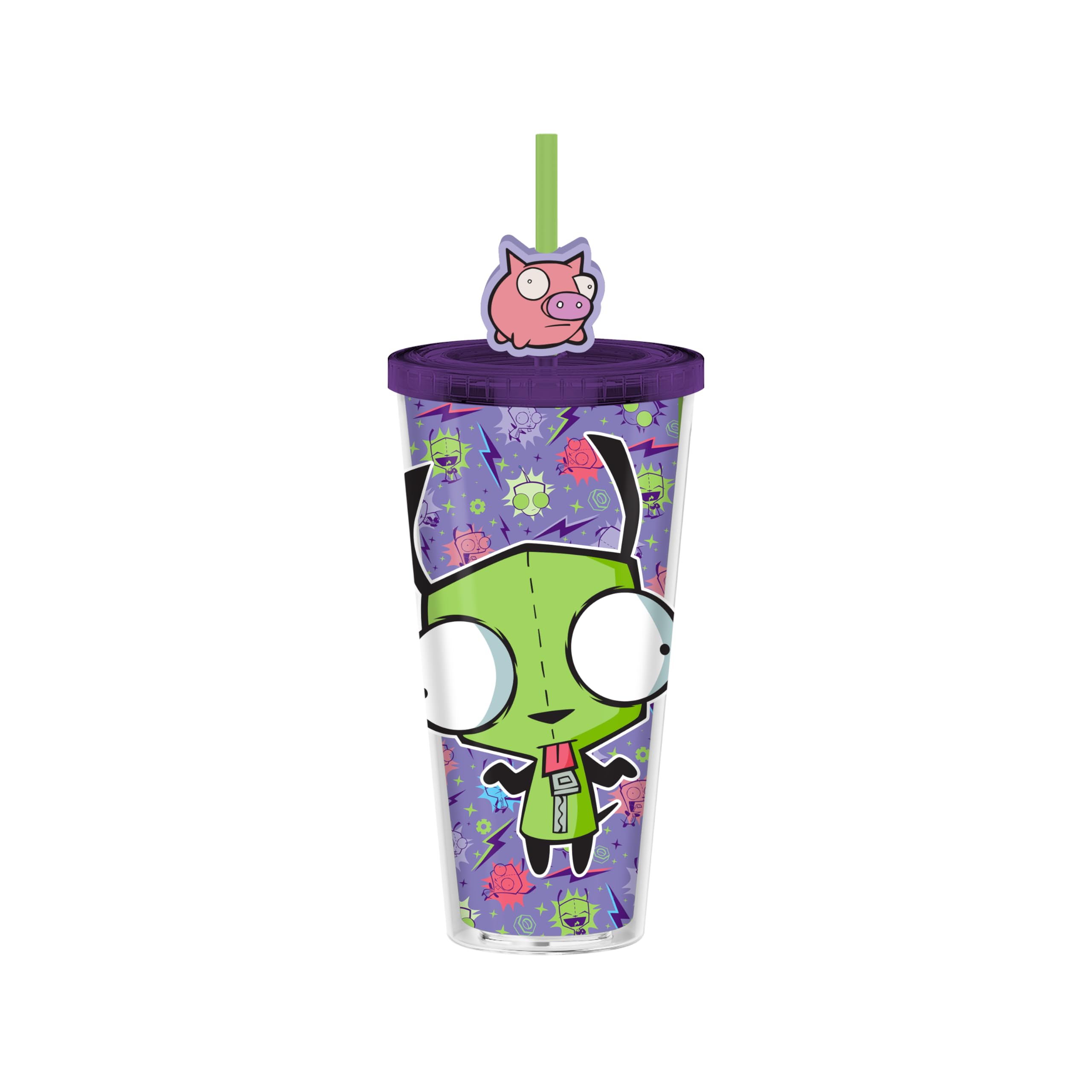 Silver Buffalo Invader Zim Plastic Cold Cup with Lid and Straw Topper Featuring GIR, 24 Ounces