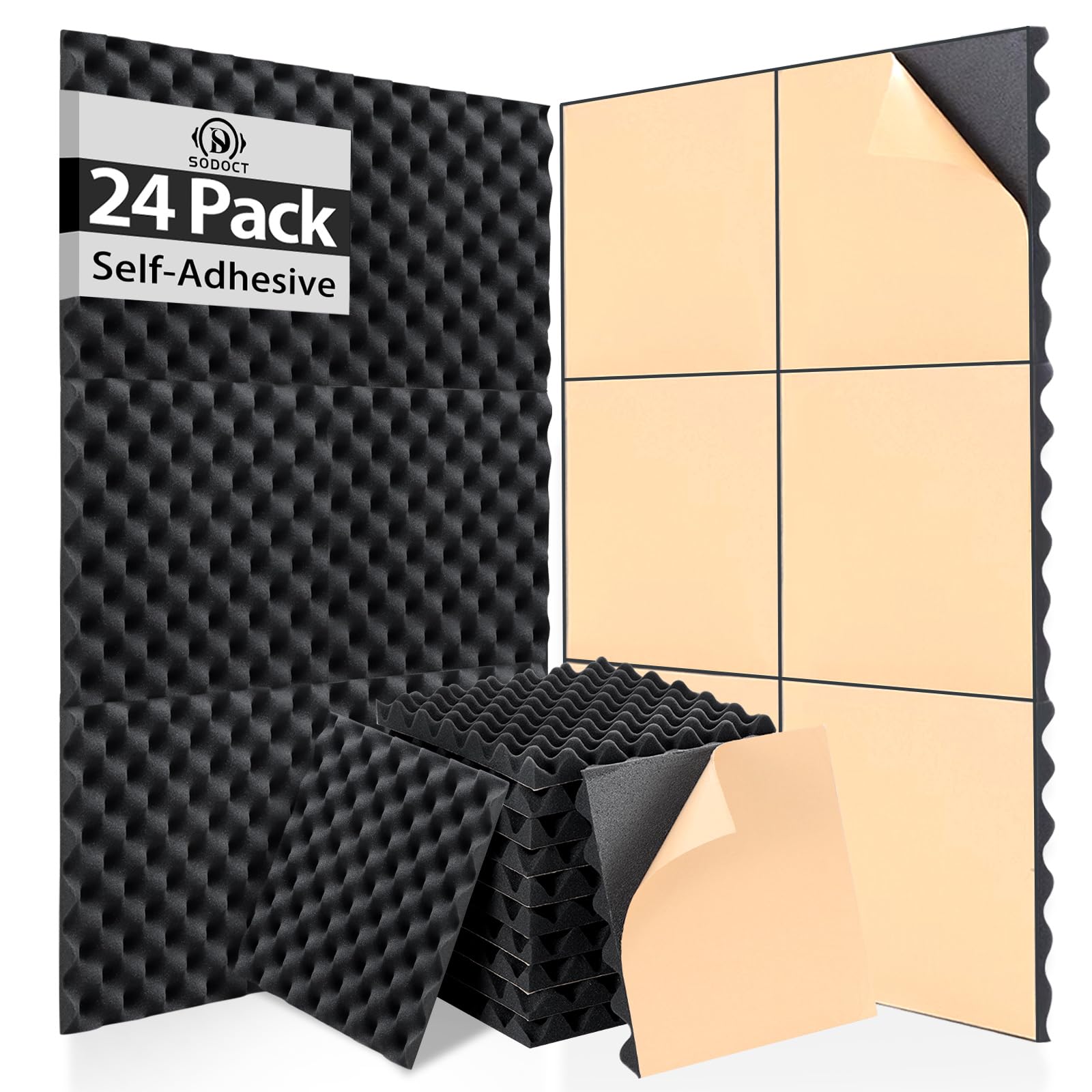 24 Pack Sound Proof Foam Panels for Wall,Self Adhesive Acoustic Panels,12" X 12" X 1.2" Egg Crate Soundproof Wall Panels for Studio,Room Acoustic Treatment Foam,Sound Absorbing Foam Black