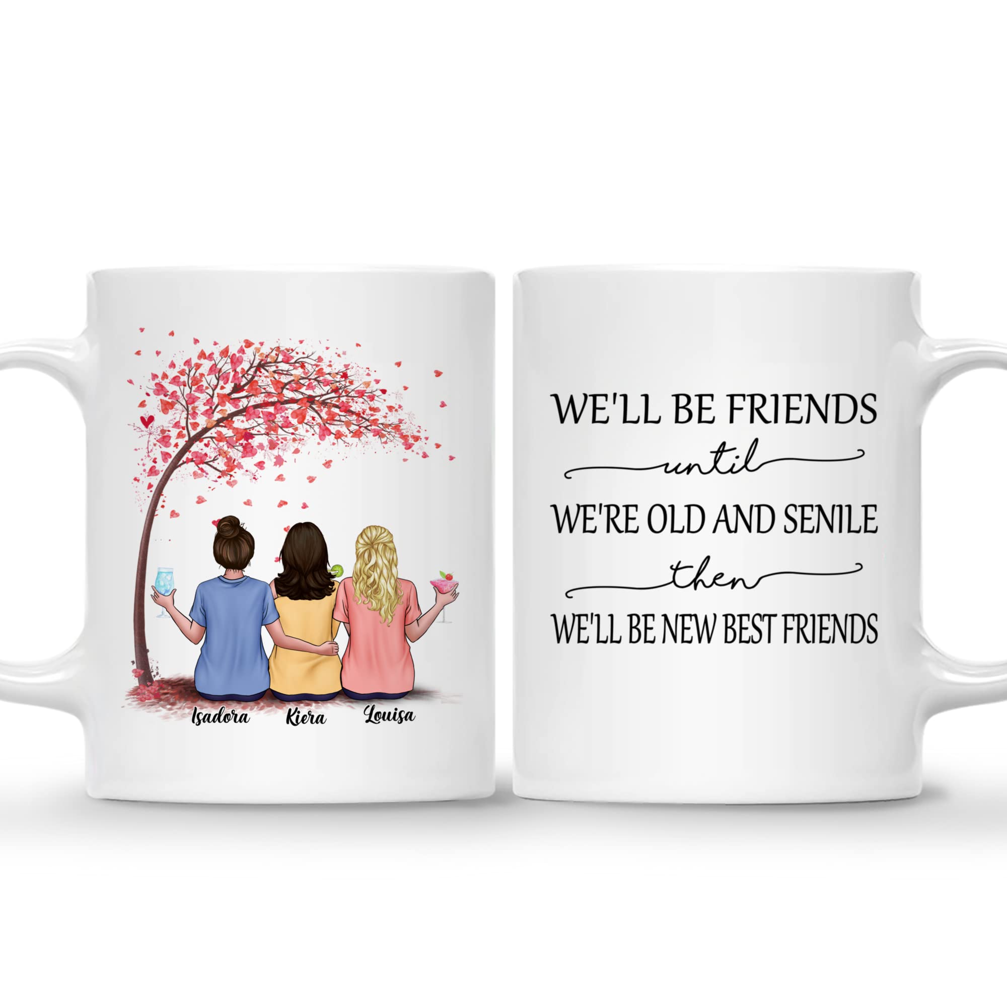 Gossby Custom Best Friend Mug - Personalized Gift for Female Friend with Designs, Names - Birthday, Christmas Cup Gift for Women Bestie, Sister - We'll be Friends Until We're Old. Senile - 3 BFFs