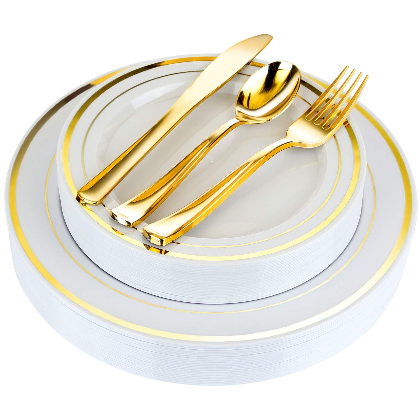 125-Piece White and Gold Fancy Plastic Plates Disposable with Silverware, Elegant Dinnerware for Weddings, Holiday Party China, Set of 25 Dinner + Salad Plates, 25 Spoons, 25 Forks, 25 Knives