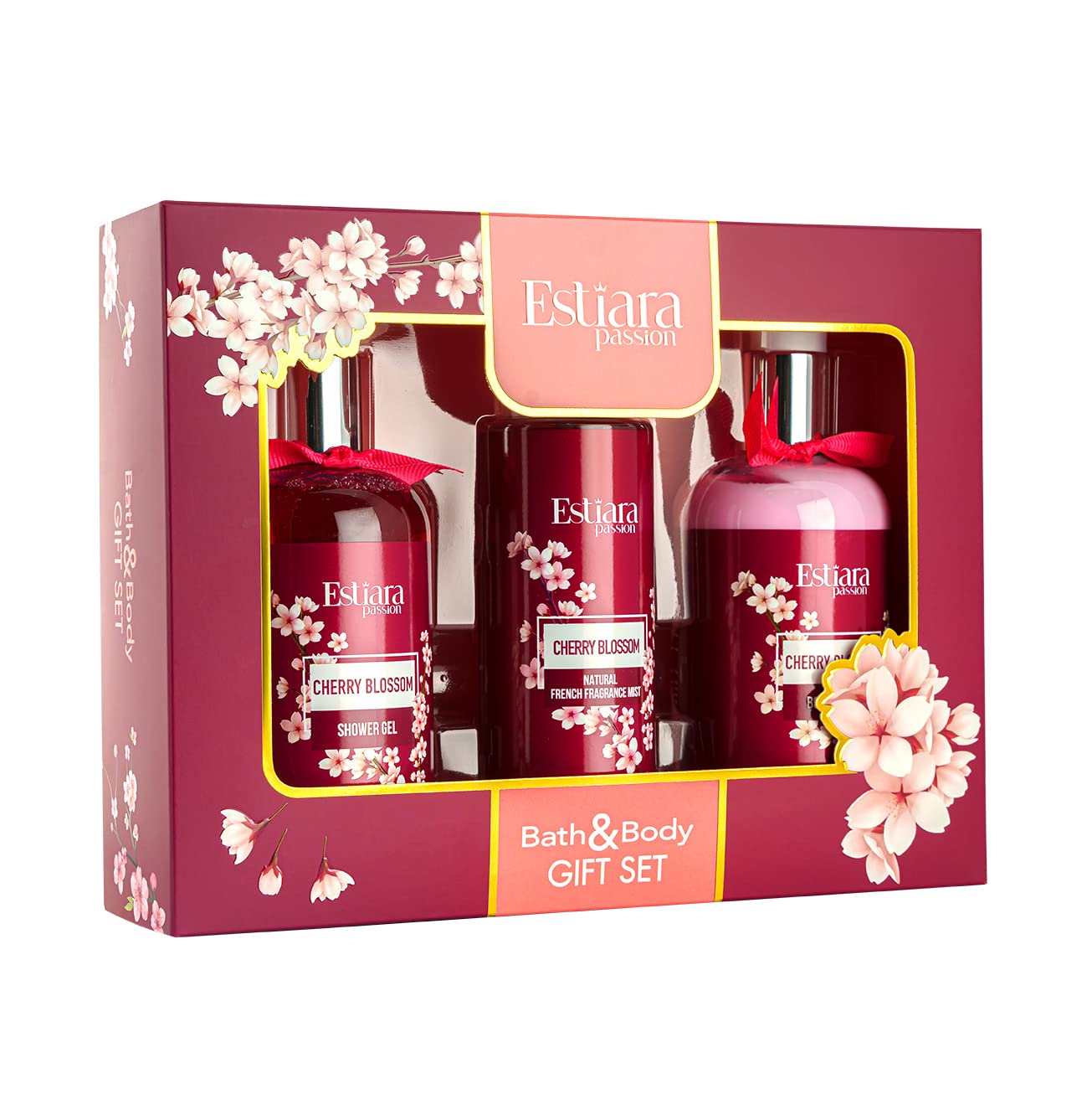 Estiara Passion Cherry Blossom Bath & Body Beauty Skincare 3 Piece Gift Set Red - Cherry Blossom Body Lotion 350ML - Cherry Blossom Shower Gel 350ML - Cherry Blossom French Fragrance Mist 250ML