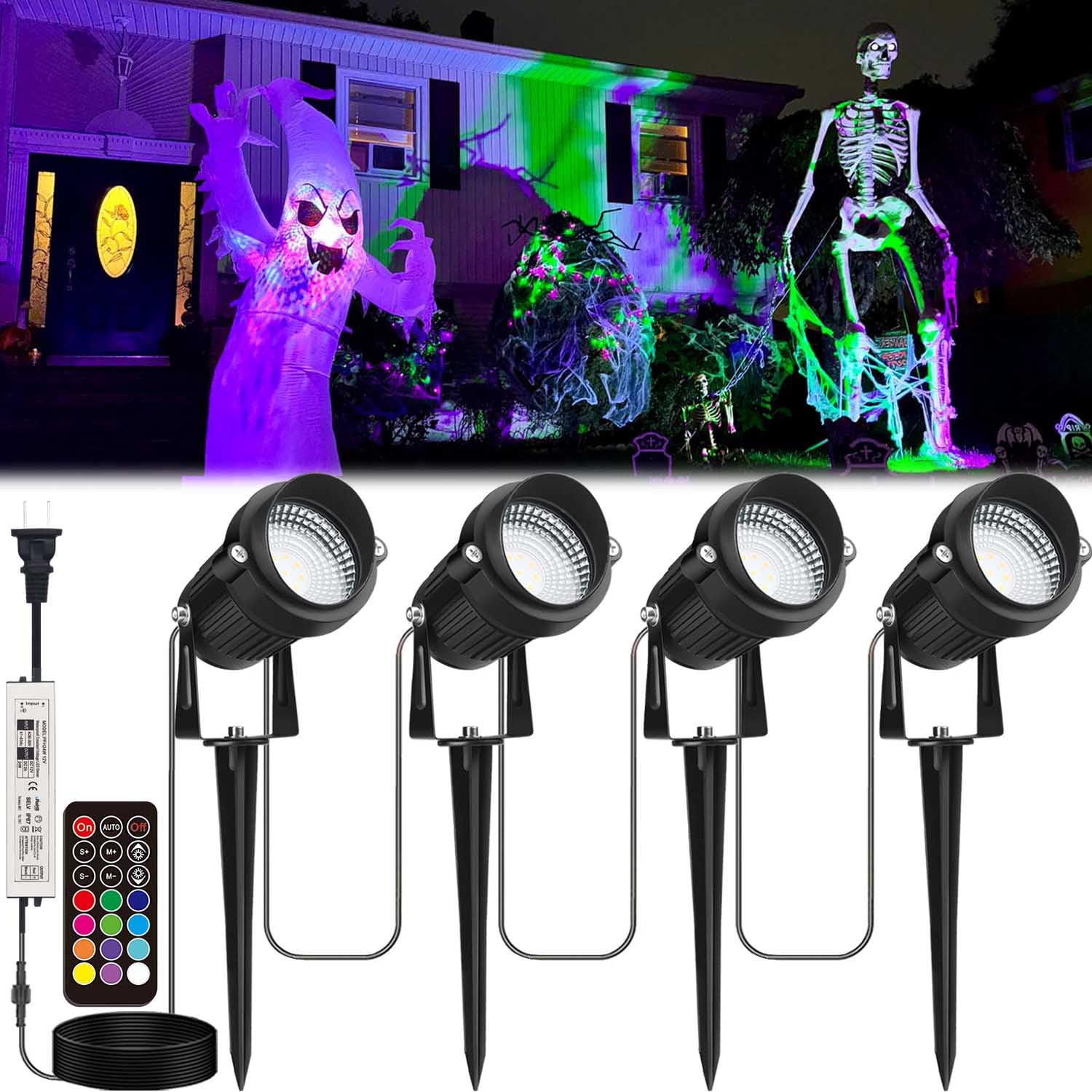 24W Halloween Christmas Spotlight, RGB Color Changing Landscape Lighting with 12 Colors 19 Modes, 120V Waterproof Spotlight with Remote, Outdoor LED Spot Lights for Yard House Garden Tree Décor 4 Pack