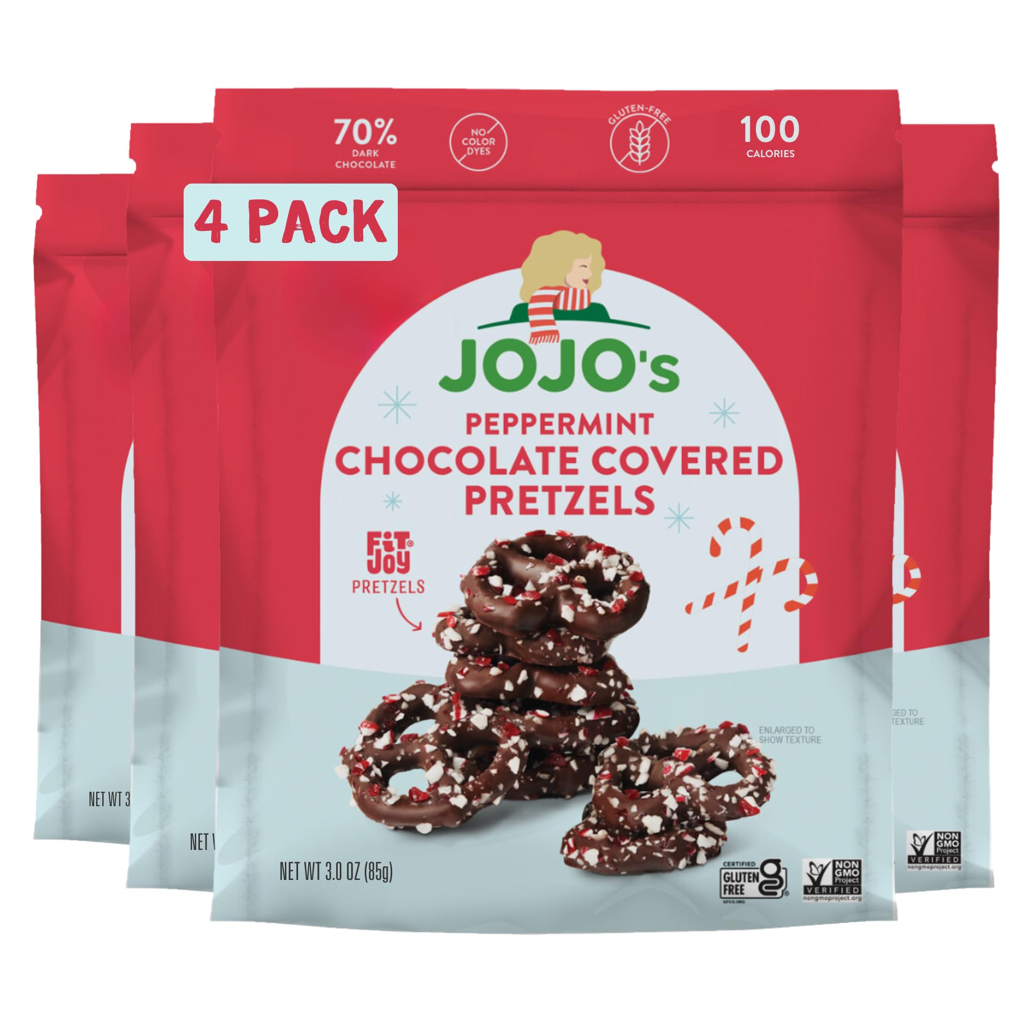 JOJO'sPeppermint Dark Chocolate Covered Pretzels, Healthy Snack, Low Sugar, Low Carb, Gluten Free, Non GMO, Paleo & Keto Friendly, Made with Plant Based Hemp Protein, Vegan (4 Count)