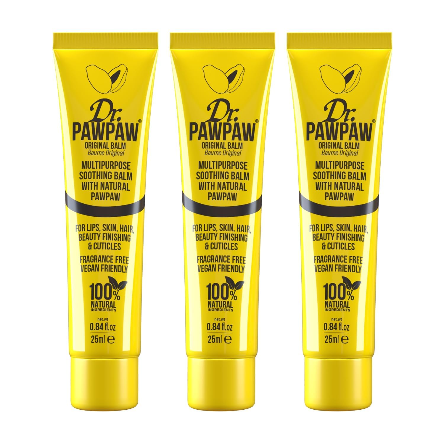 Dr.PAWPAW Original Balm Multi-Purpose Natural No Fragrance Balm for Hydrating Lips, Skin, Hair, Cuticles, Nails & Beauty Finishing (3 x 25 ml)