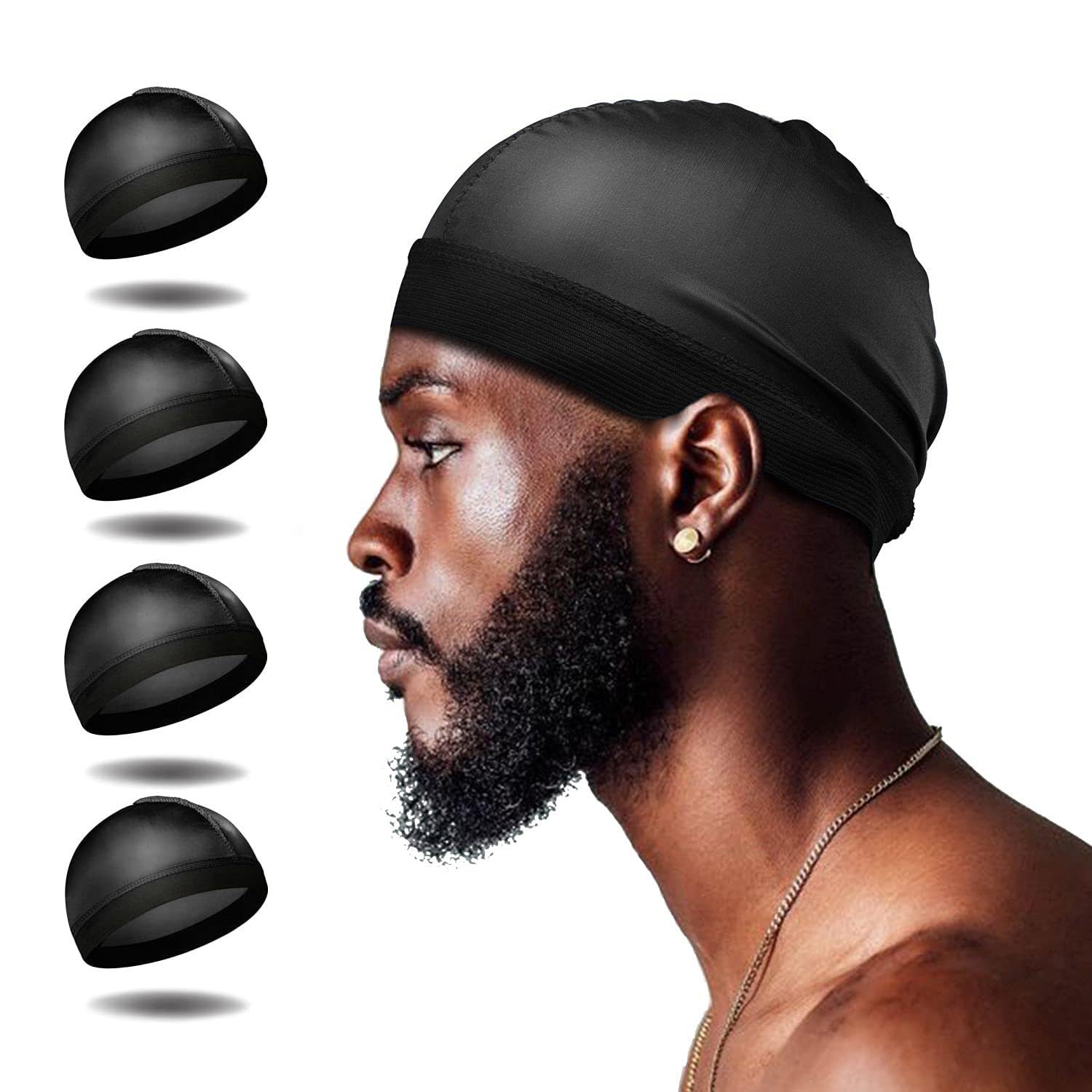 Oasisgalore4Pcs Wave Cap, Silk Stocking Wave Caps for 360 Waves, Silky Durag for Men, Stain Caps (4*Black)