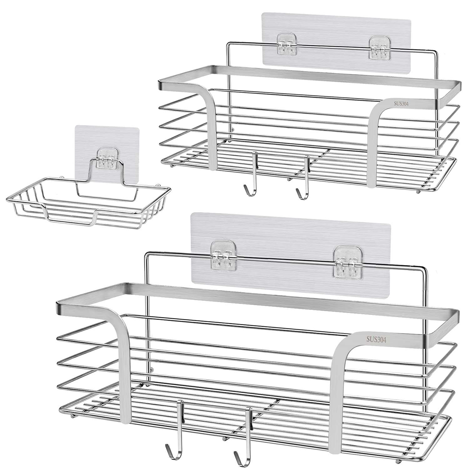 YougaiShower Caddy Shower Shelf with Soap Dish and 4 Hooks, SUS304 Stainless Steel Shampoo Holder Bathroom Shower Organizer No Drilling Adhesive Wall Mounted Storage Shelves Basket Accessories-3 Pack