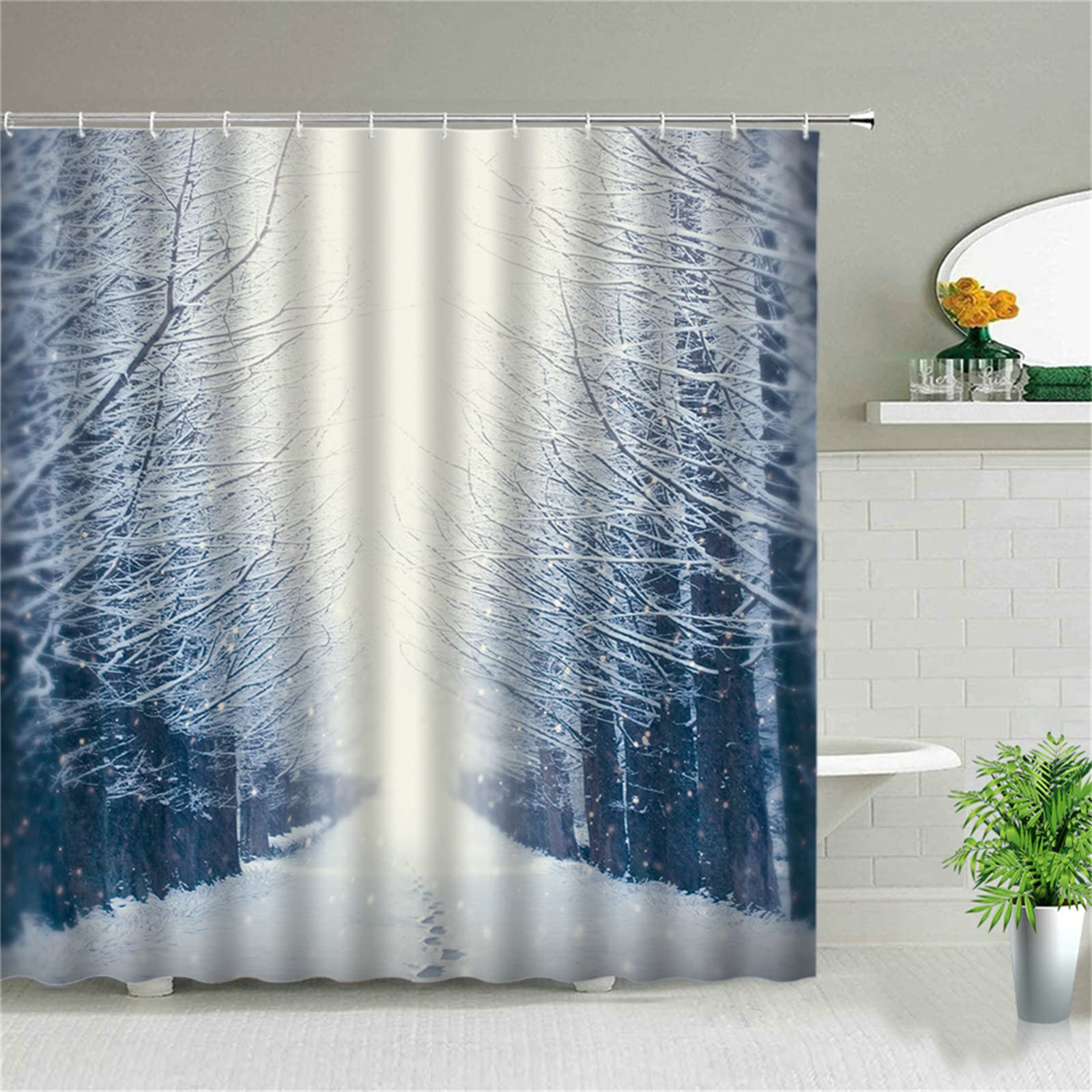 Tinnoon Shower Curtain, Anti-Mould Proof Resistant, Waterproof, Weighted Hem, Resistant WashableSnow RoadBathroom Curtains, 3D Digital Polyester Extra Long Shower Curtains Grey, With Hooks，230x180cm