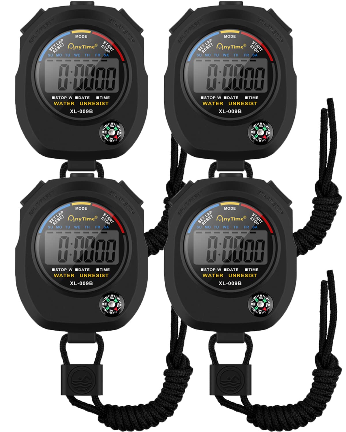 BROTOU [4 Pack] Sports Stop Watch Timer, Professional Digital Stopwatch with Calendar Alarm Compass, Multi Handheld Stopwatch Timer for Swimming Running Football Fitness Coaches Referee