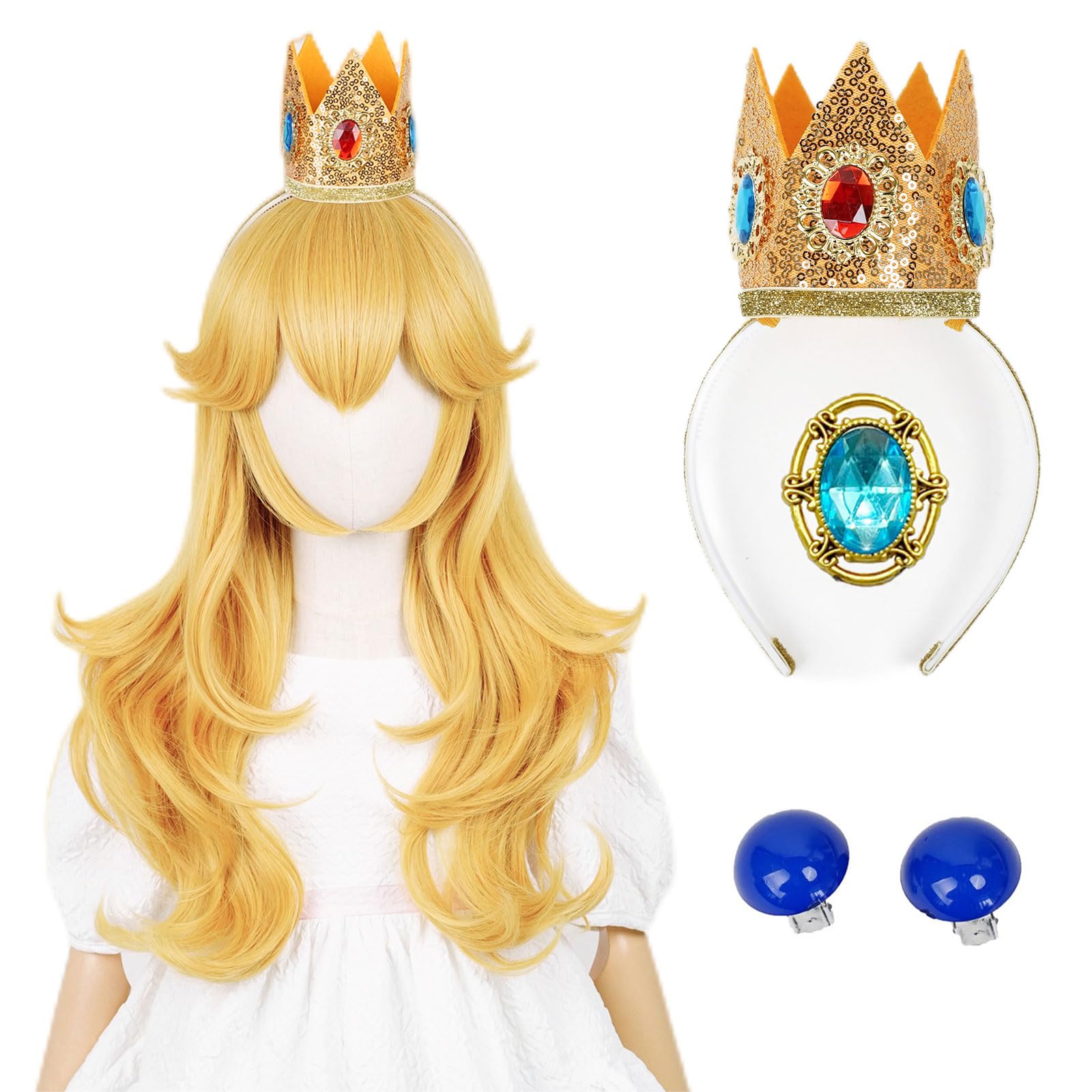 AicosAicos Golden Wavy Wig with Earrings and Crown, Blonde Long Curly Princess Cosplay Wig for Kids Halloween Costume