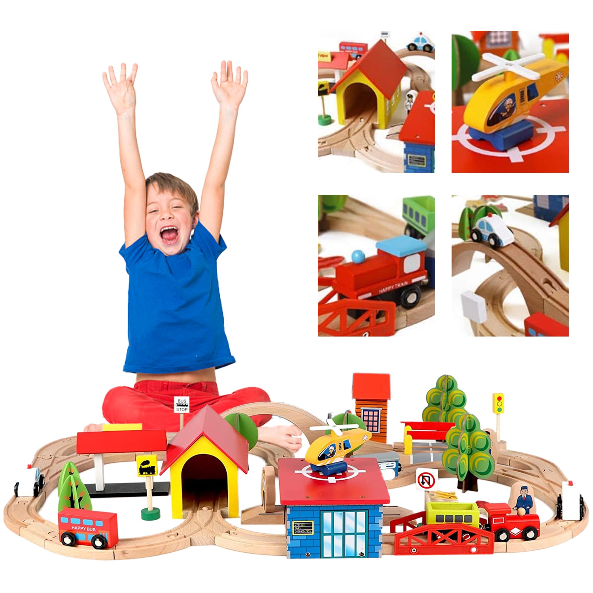 Masroo Train Set - 69 Pieces Wooden Train Tracks & Trains for Kids, Toddler Boys and Girls 3,4,5 Years Old and Upâ€“ Premium Wood Construction Toys (69 Pcs)