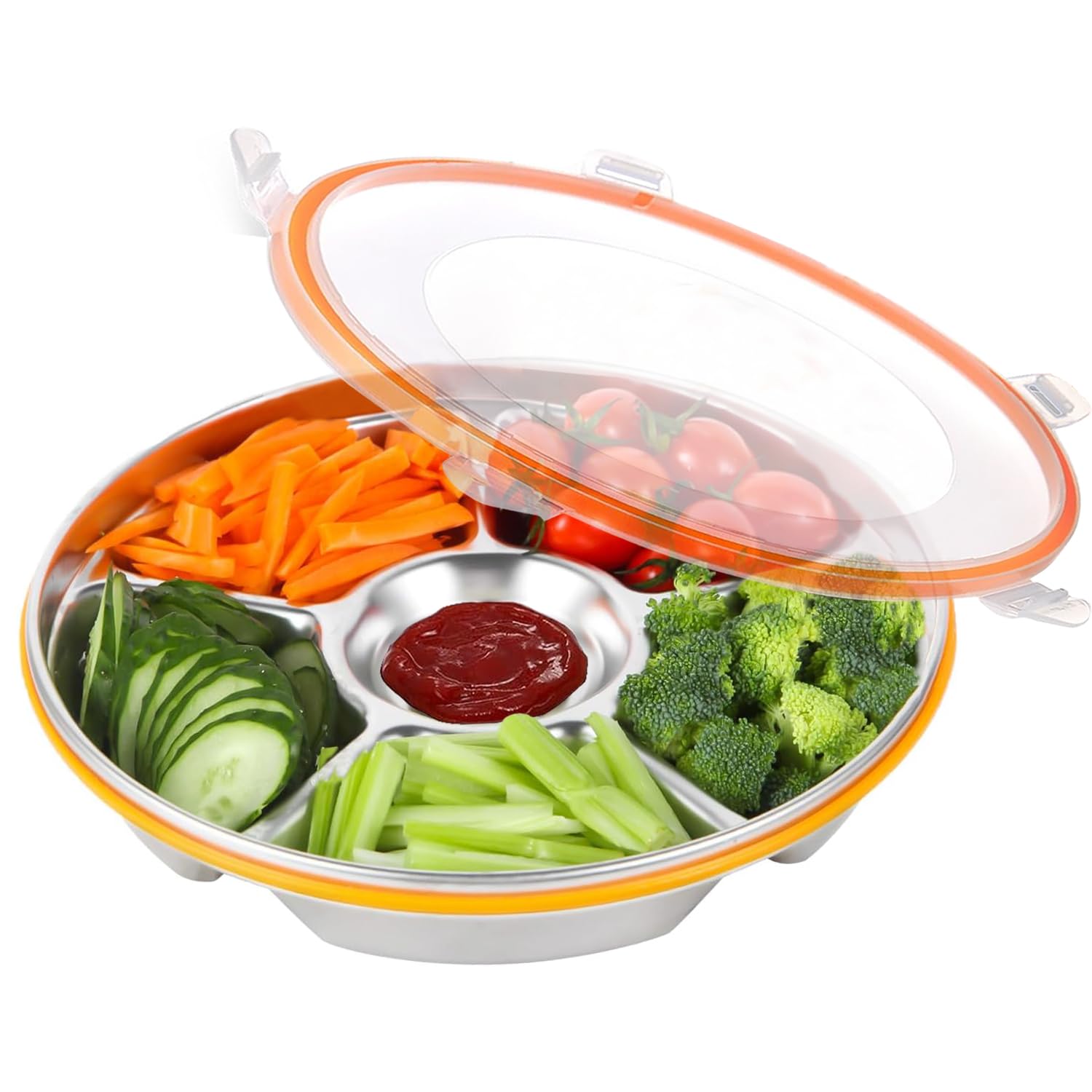 Angju Divided Serving Tray with Lid - Snack Tray with Lid, Vegetable Tray with Lid Stainless Steel 6 Compartments 27cm 1800ml for Christmas Party Platter Snackle Box Container Fruit Trays Veggie Tray