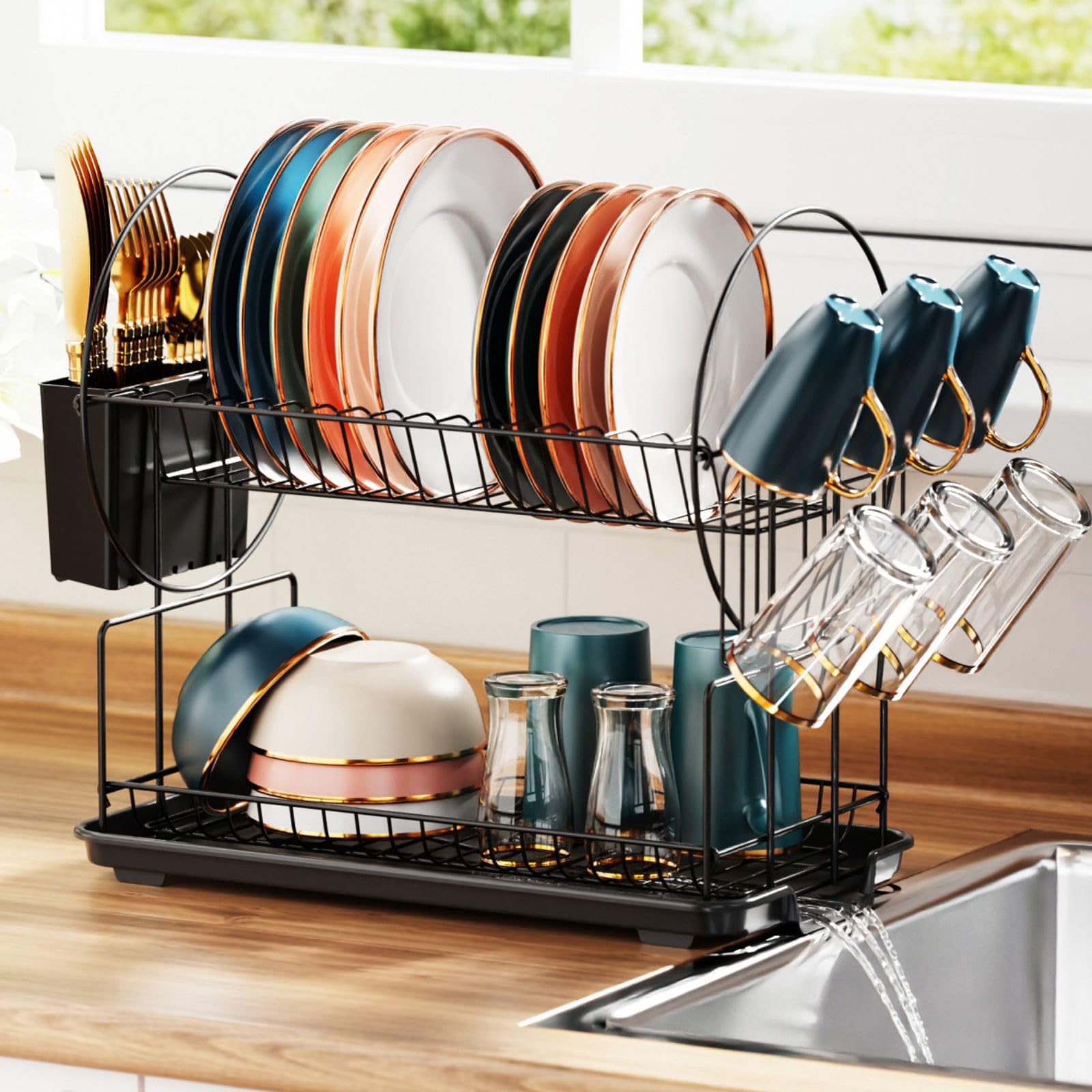 iSPECLE Dish Drying Rack - 2 Tier Small Dish Racks for Kitchen Counter with Drainboard, Utensil & Glass Holder, Small Dish Dryer Rack, Multifunctional Dish Drainer for Kitchen Organization, Black