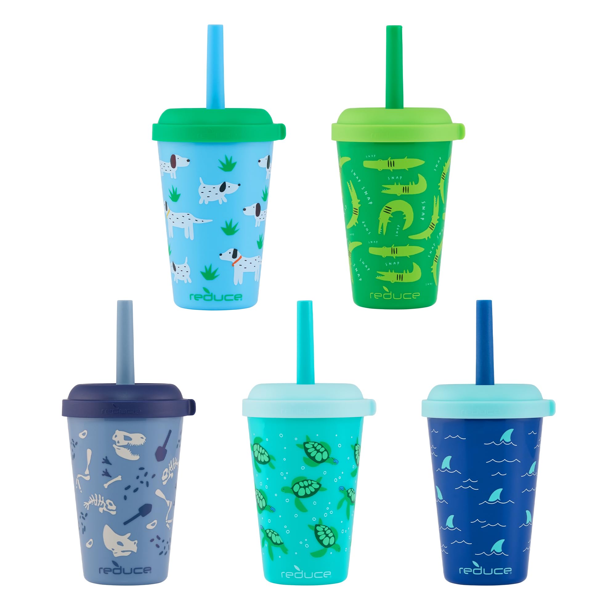 REDUCE 12 oz GoGo's New Spill-Proof Kids Stackable 5 piece Portable Drinkware Set, Dishwasher Safe & BPA Free, Scavenger Boy Set