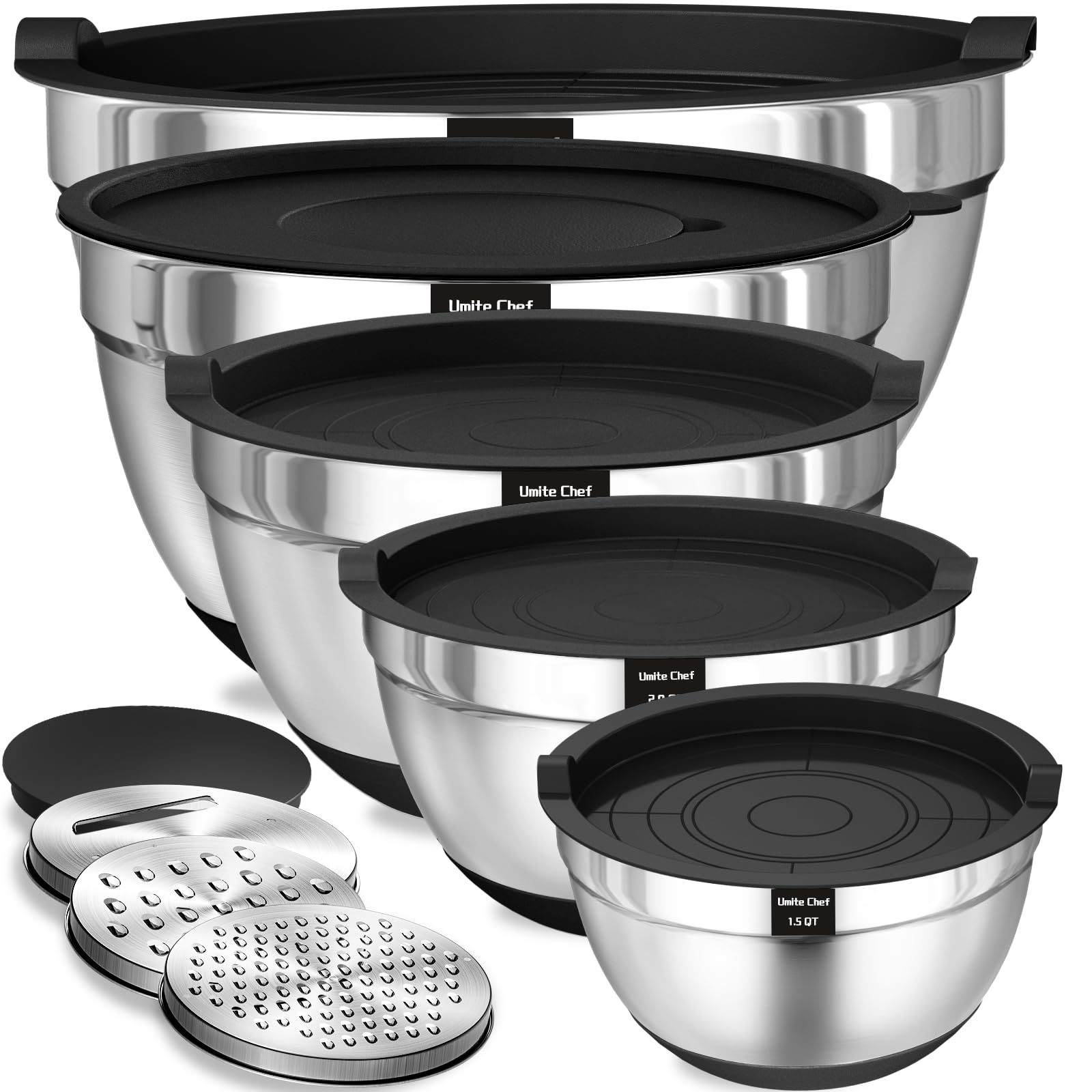 Umite Chef Mixing Bowls with Airtight Lids, 8PCS Stainless Steel Nesting Mixing Bowls Set, 3 Grater Attachments & Non-Slip Bottoms, Black Kitchen Bowls, Size 5, 4, 3.5, 2, 1.5QT for Baking & Serving