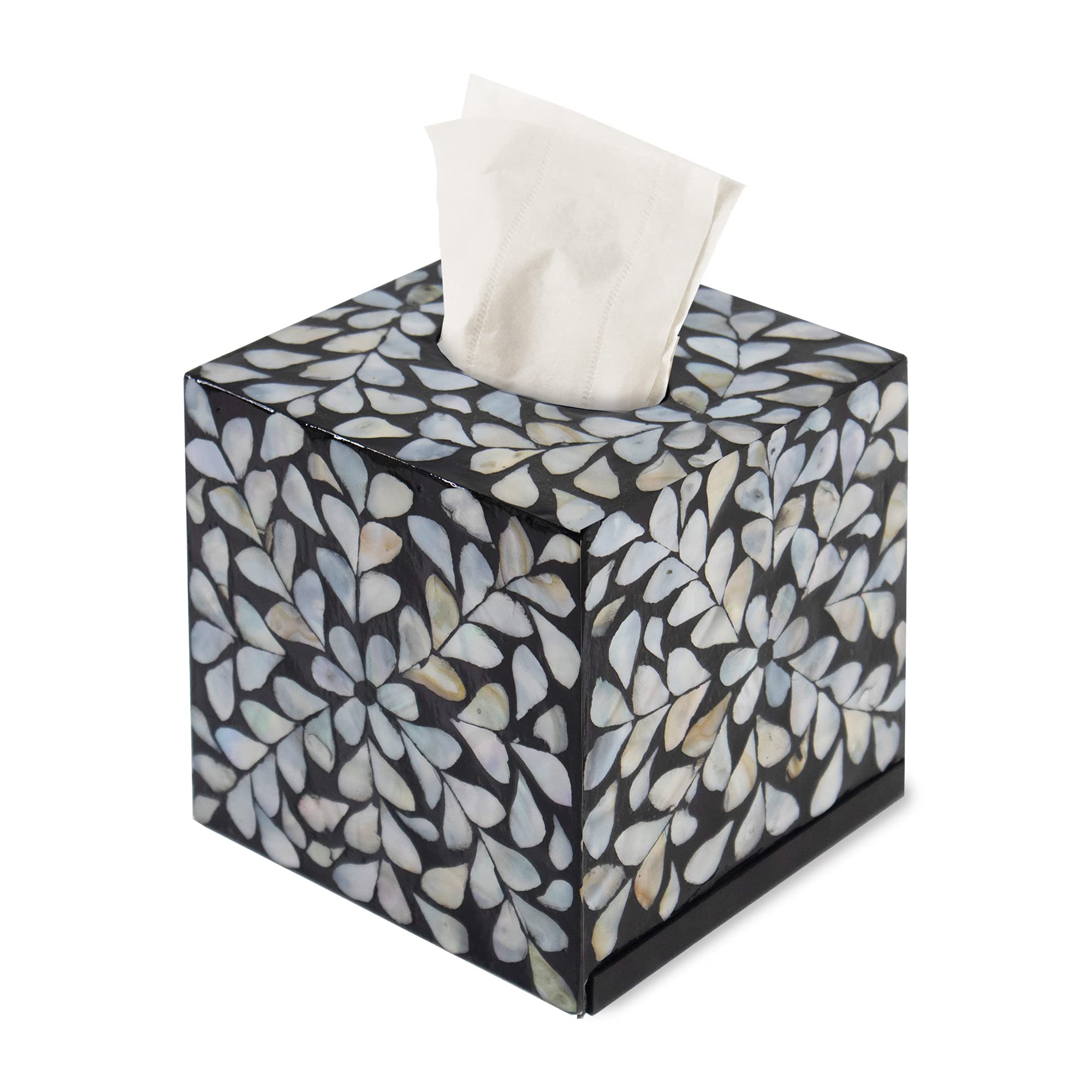 Mother of Pearl Inlay Cube Tissue Box Cover - Luxury Marble Bathroom Accessories - Wooden Toilet Paper Storage - by MadeTerra (Black Floral)