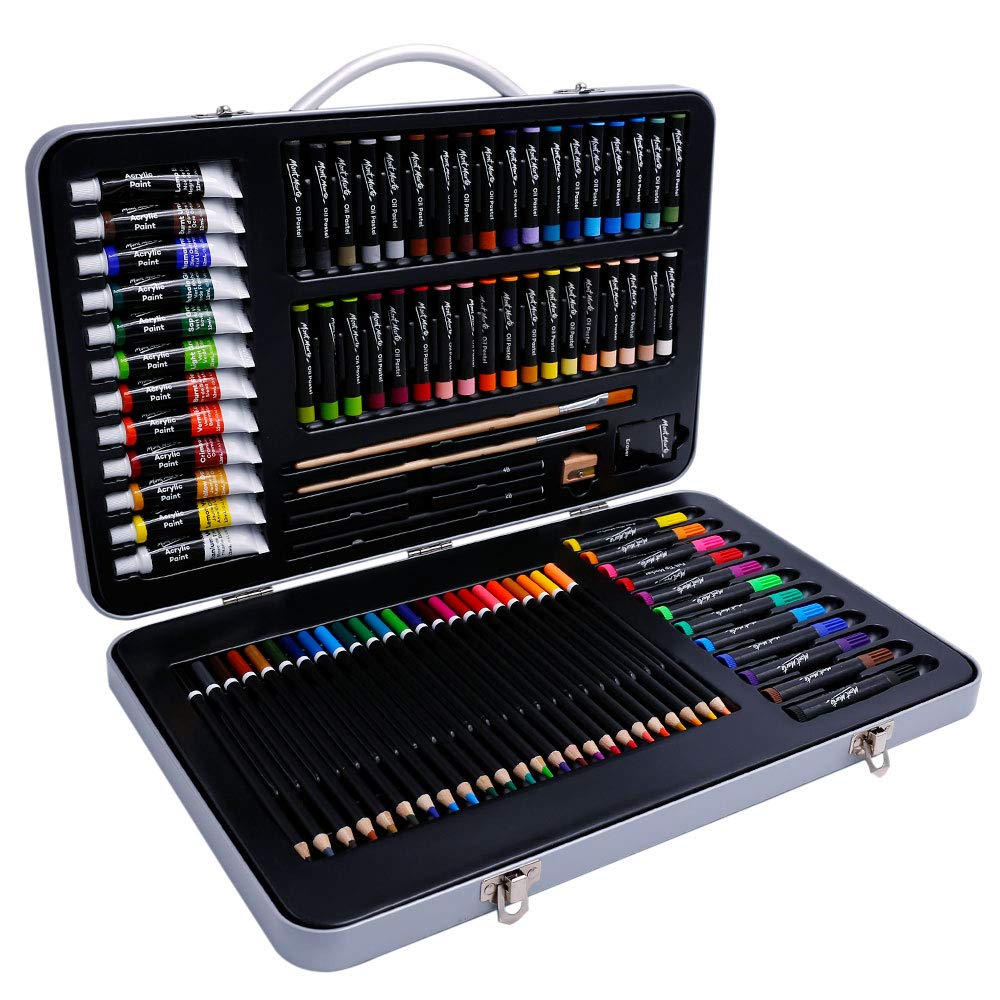 Mont Marte 90-Piece Premium Art Set, Wood Art Supplies for Painting and Drawing, Essentials Art Kit in Portable Aluminium Case, Includes Acrylic Paint, Oil Pastels, Color Pencils, Art Brushes