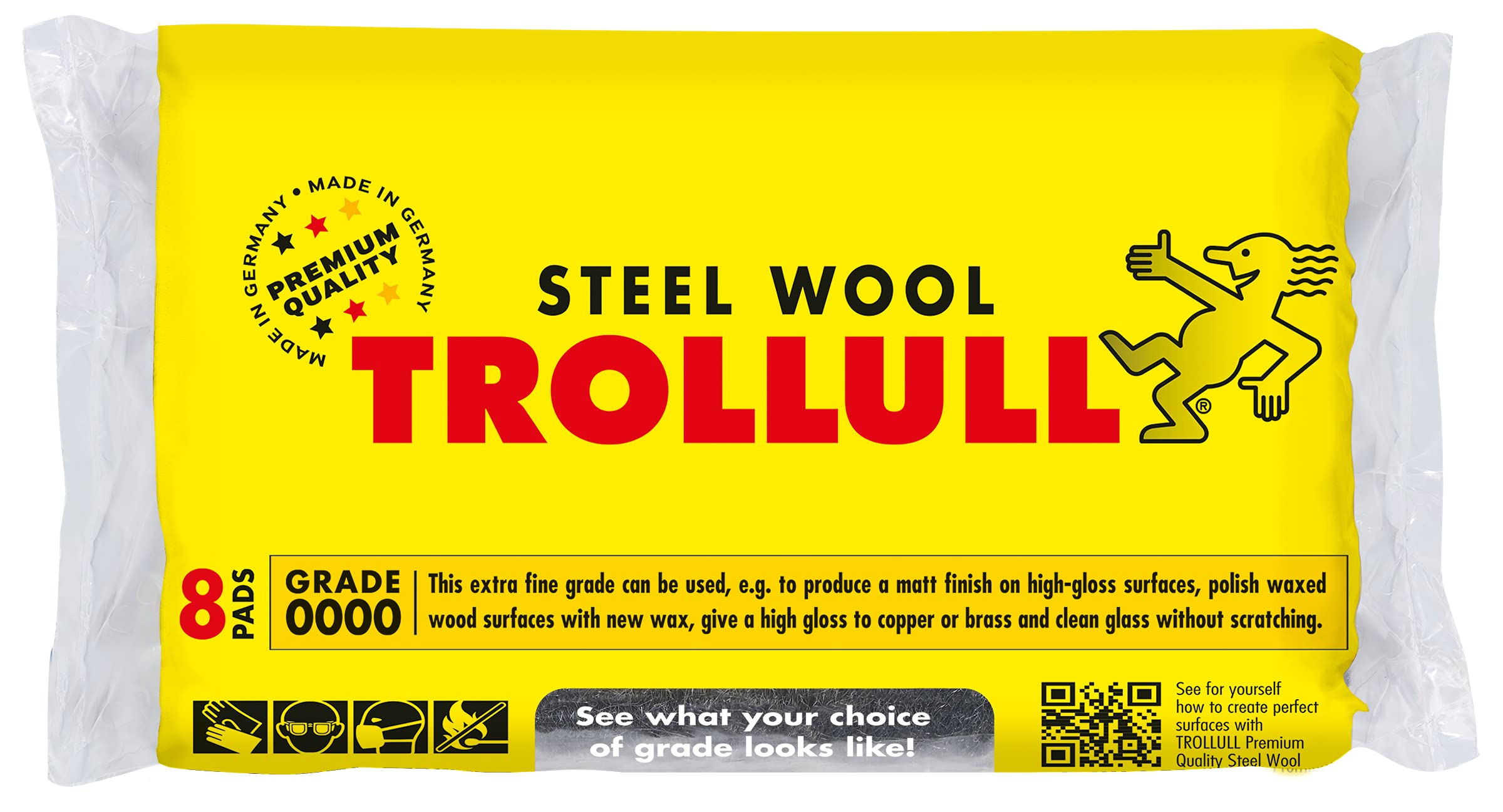 TrollullSteel Wool | Wire Wool extra-fine 0000 polishes waxed wood, copper, brass, and matt surfaces, cleans glass, 8 pads 200g