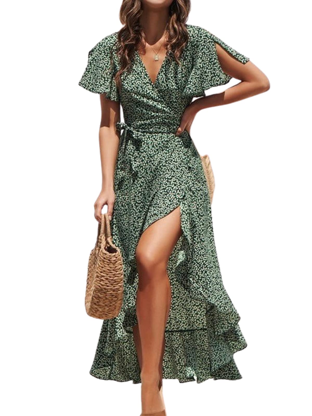 CUPSHEWomen Summer Wrap Maxi Dress Casual Split Flared Sleeve V-Neck Ditsy Dress Tie Waist Ruffle Beach Dress