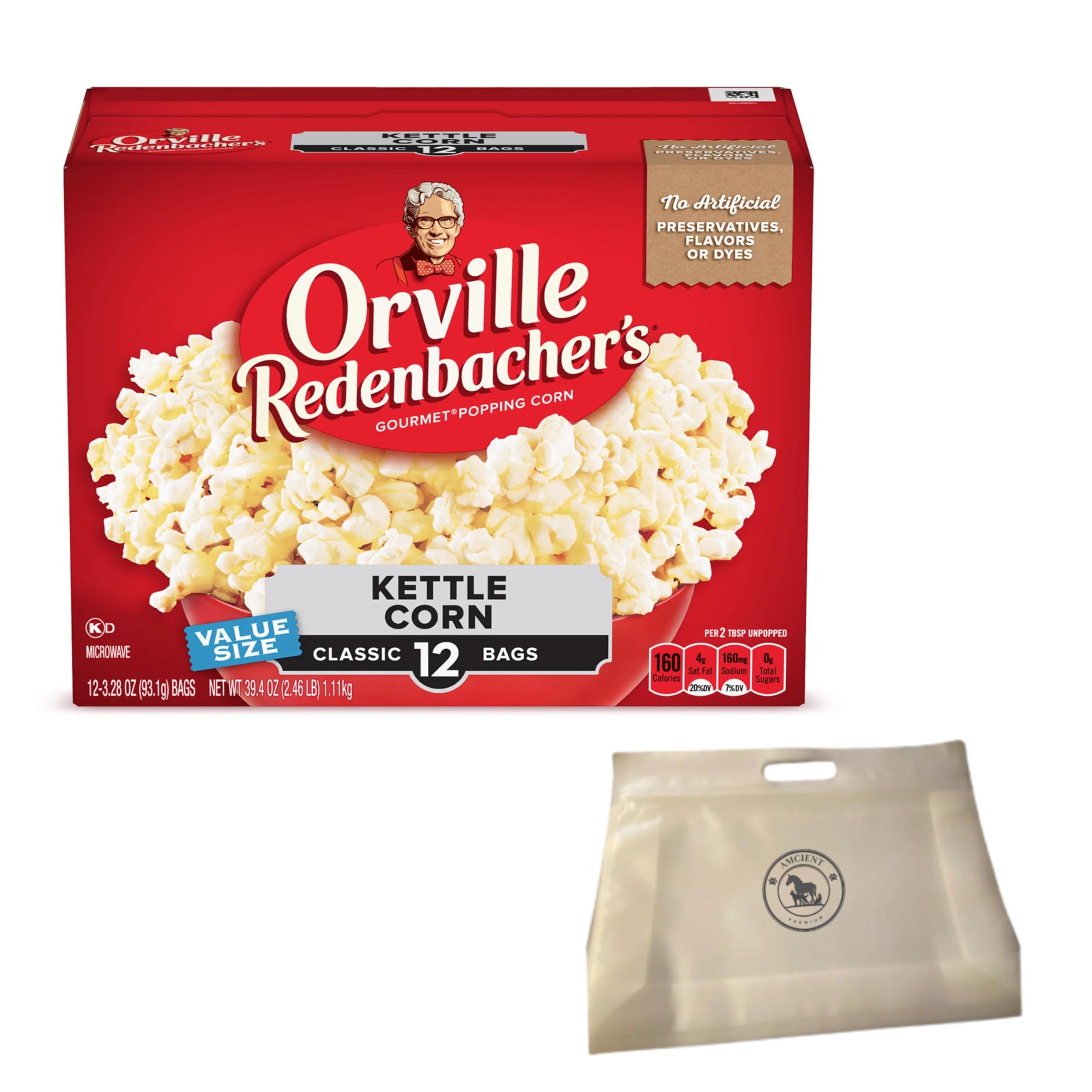 Orville Redenbacher Kettle Corn Microwave Popcorn 3.28 Oz, 12 Count Bundle With Reusable Snack Pouch By AMCIENT