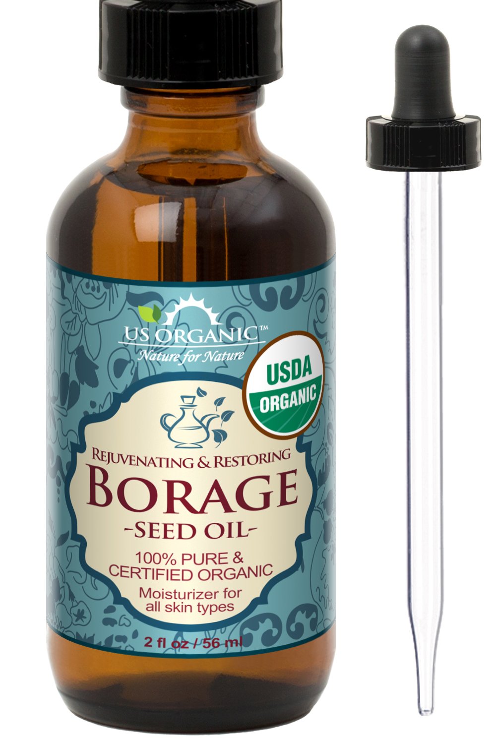 US OrganicBorage seed Oil (18% GLA), USDA Certified Organic, 100% Pure & Natural, Cold Pressed, aka Starflower oil, in Amber Glass Bottle w/Glass Eye dropper for Easy Application (2 oz (56 ml))