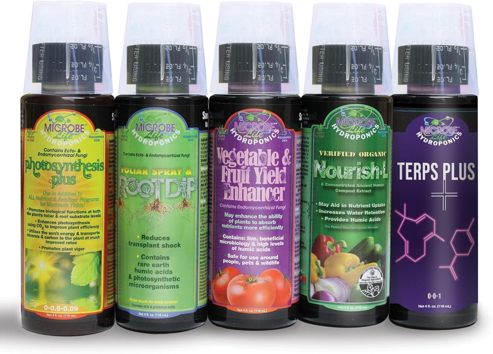 Microbe Life Hydroponics Starter Kit with 4-Ounce Sample Size Bottles of Photosynthesis Plus, Nourish-L, Vegetable and Fruit Plant Growth Yield Enhancer, Foliar Spray & Root Dip, and Terps Plus