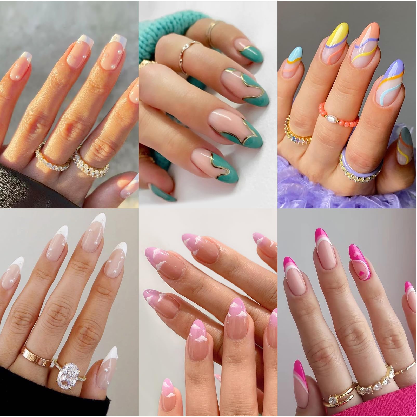 Misssix 6 Packs (144 Pcs) Press on Nails Medium Design, Short Fake Nails Almond French Glue on Nails Set with Adhesive Tabs Nail File for Women