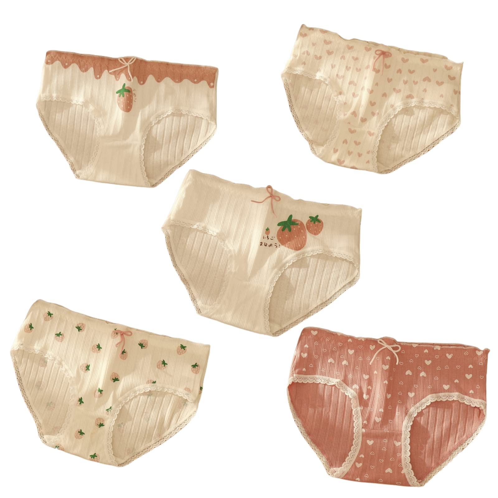 NOVOLAN5 Pack Mid Waist Briefs Cute Style Printed Japanese French Lace Cotton Underwear Ladies Mid Waist Comfortable Breathable Cute Girls Briefs, 5 Different Pink Patterns Strawberry