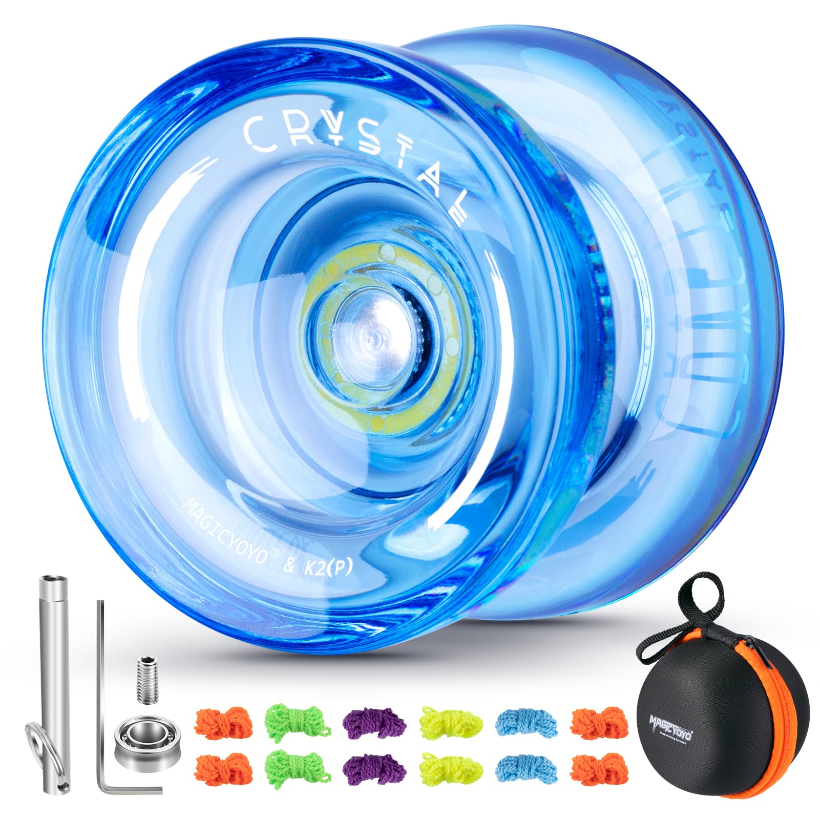 YOSTAR Crystal Yoyo K2 Responsive Yoyo for Kids, Trick Yoyo Professional Yoyo for Beginners, Unresponsive Yoyo for Adults, Dual Purpose Yoyo Ball with Bearing Kit, 12 Yoyo Strings, Yo Yo Case (Blue)