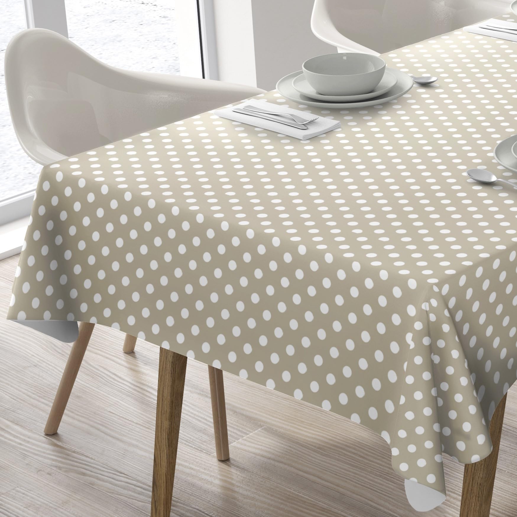 Home Direct Large Rectangular Oilcloth PVC Wipe Clean Tablecloth Table Cover 140cm x 240cm 55x94 Polka Dot Beige