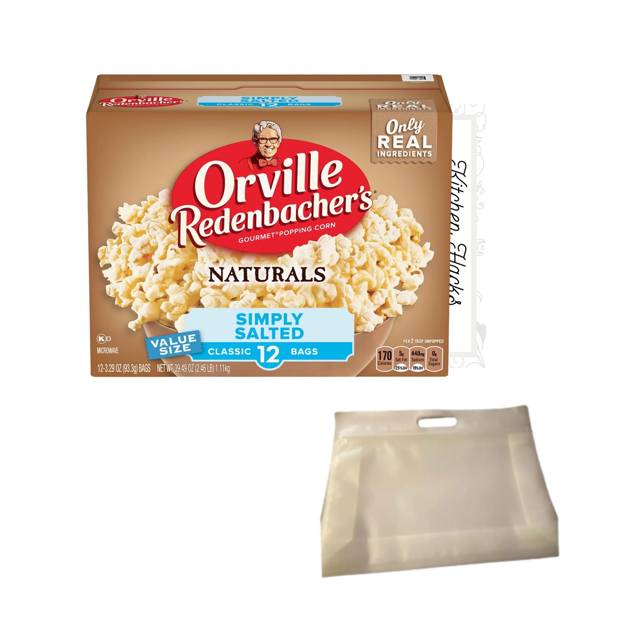 Popcorn Microwave Bundle - Orville Redenbacher's Microwave Popcorn Naturals 1 Pack (12 Bags) Bundled With Reusable Snack Pouch And Kitchen Hack Card By AMCIENT