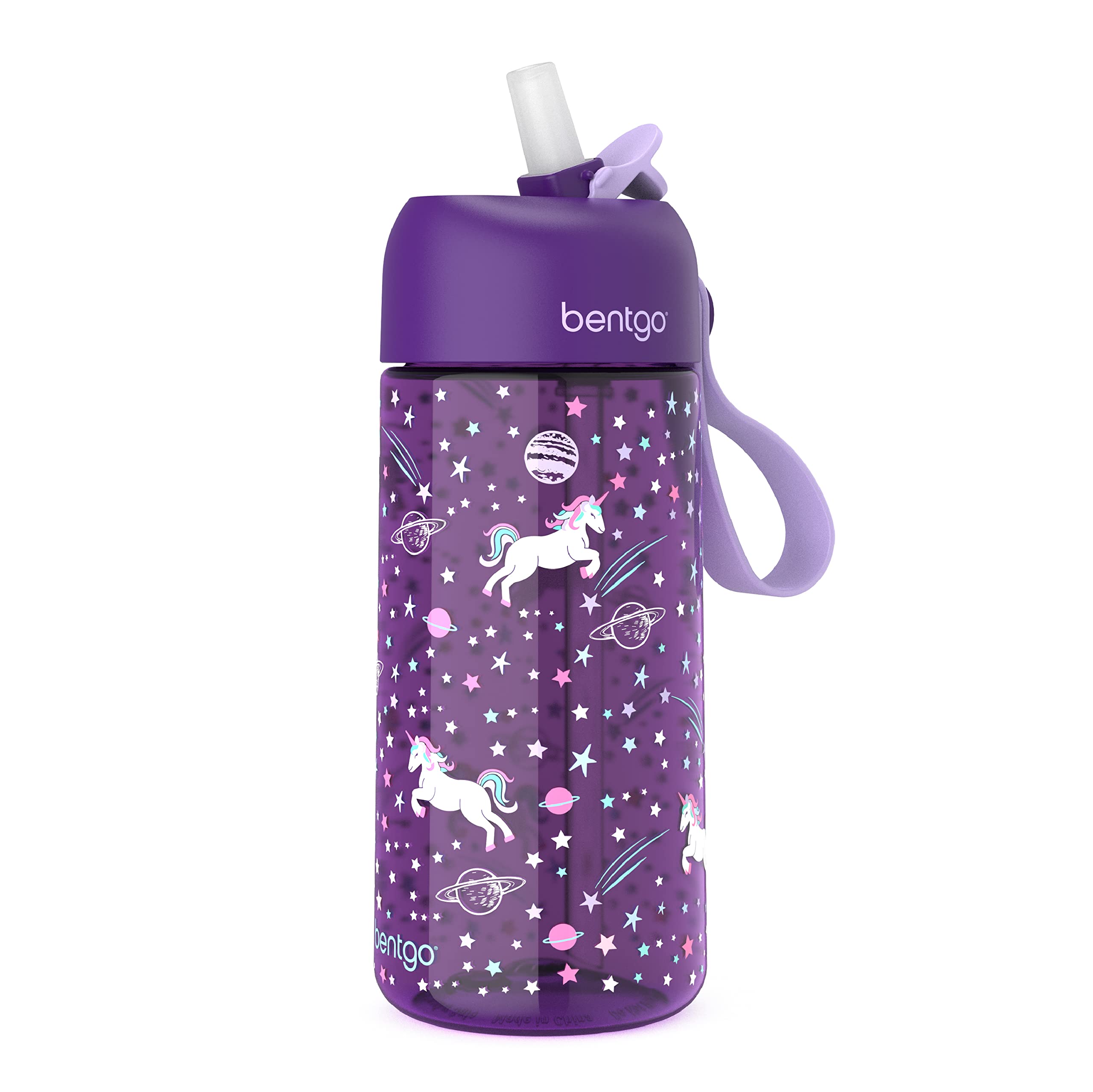 Bentgo® Kids Prints Water Bottle - 15 oz. Leak-Proof, BPA-Free Cups for Toddlers & Children with Flip-Up Safe-Sip Straw for School, Sports, Daycare, Camp & More (Unicorn)