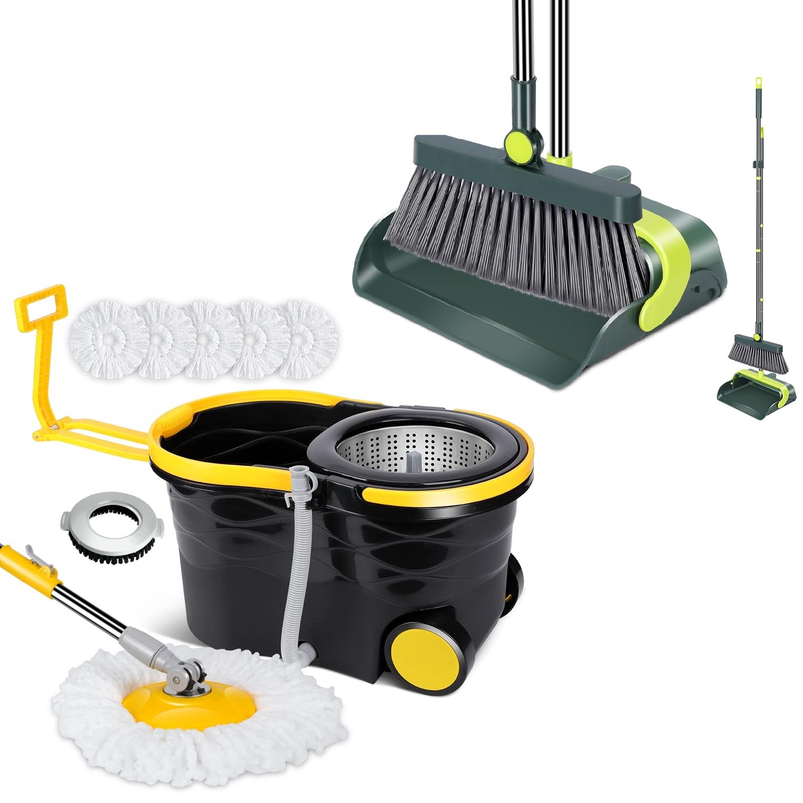 MasthomeSpin Mop Bucket Floor Cleaning System with 5 Microfiber Mop Refills, 1 Extra Floor Brush Head & Stand Up Broom and Dustpan with Comb Teeth,for Room Kitchen Office Lobby