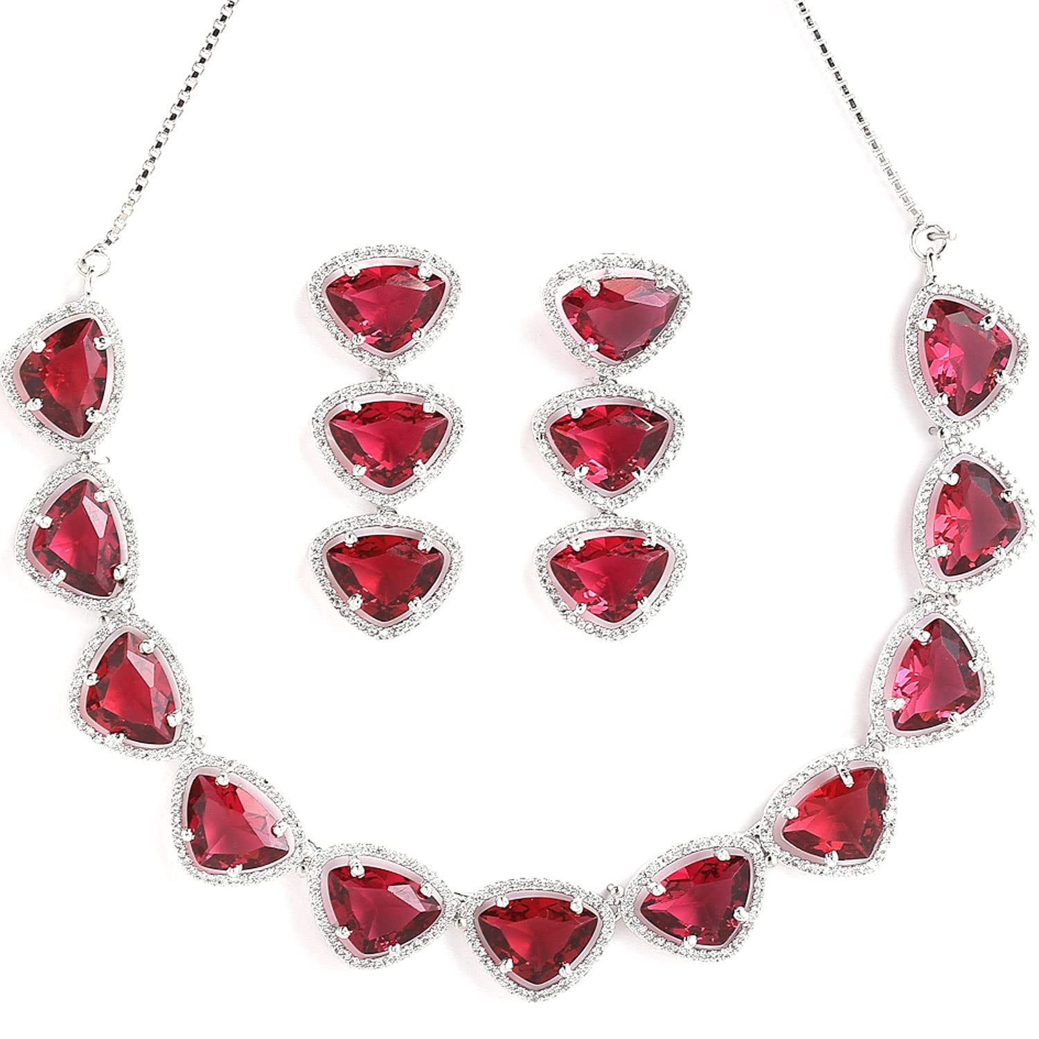 ZENEMERhodium Plated Silver Toned Triangular Shaped American Diamond Studded Jewellery Set For Women and Girl