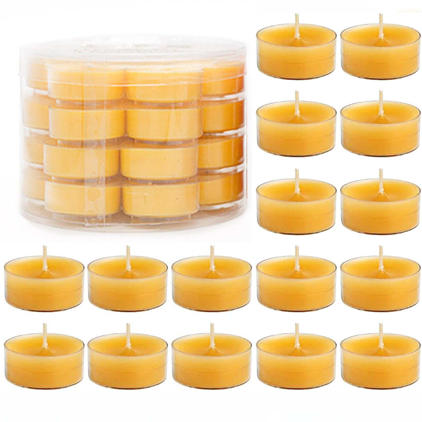 JCD 28Pcs Yellow Candles Beeswax Tealights Smokeless 4 Hour Burn Time Unscented Natural Beeswax Tea Lights,Perfect for Birthday Party,Wedding,Spa,Home Decor