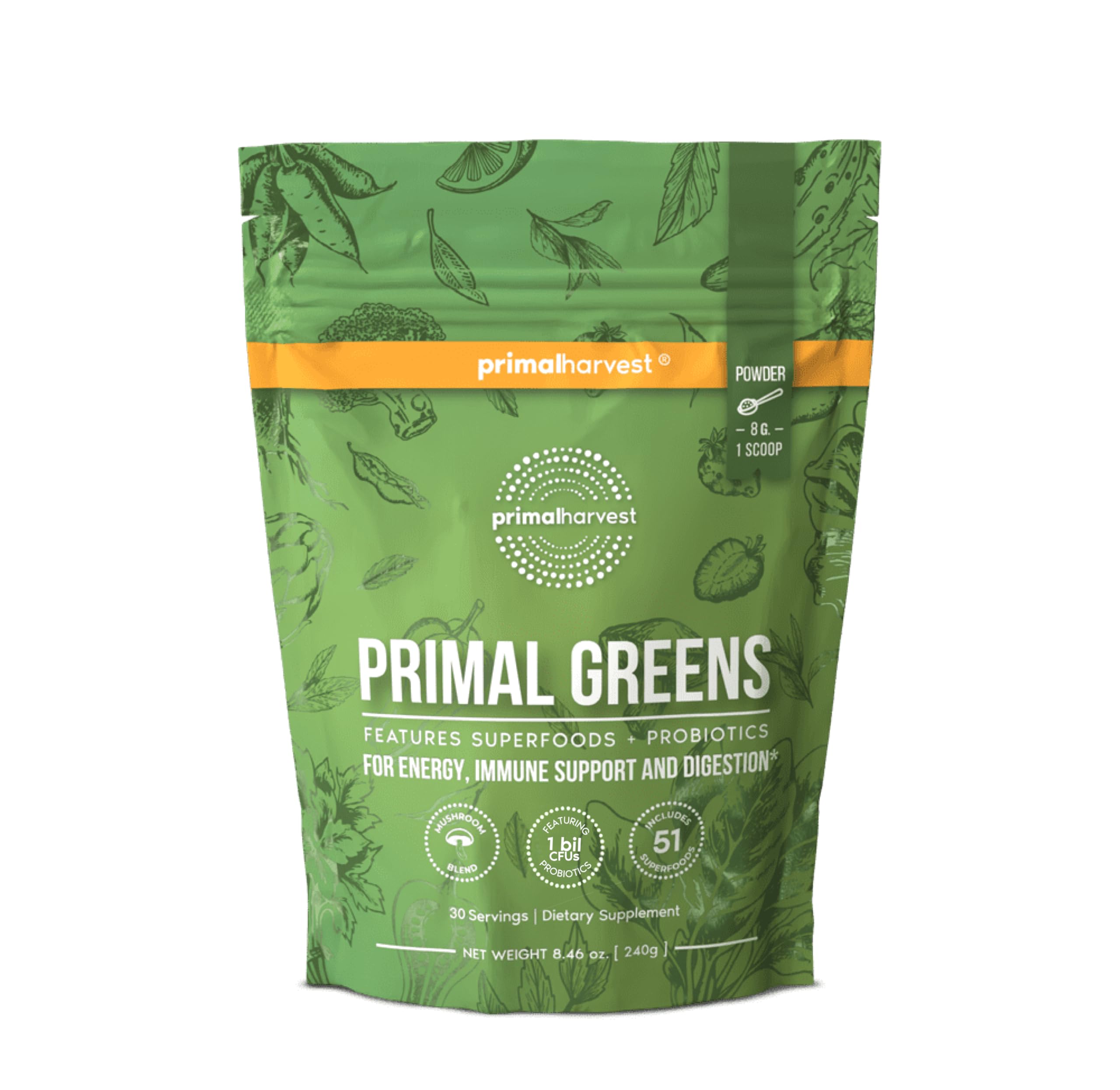 Primal Harvest Super Greens Powder, 30 Servings w/+50 Greens Superfood Chlorella, Probiotics, Green Tea, Wheatgrass, Kale, Turmeric for Energy,Primal Greens