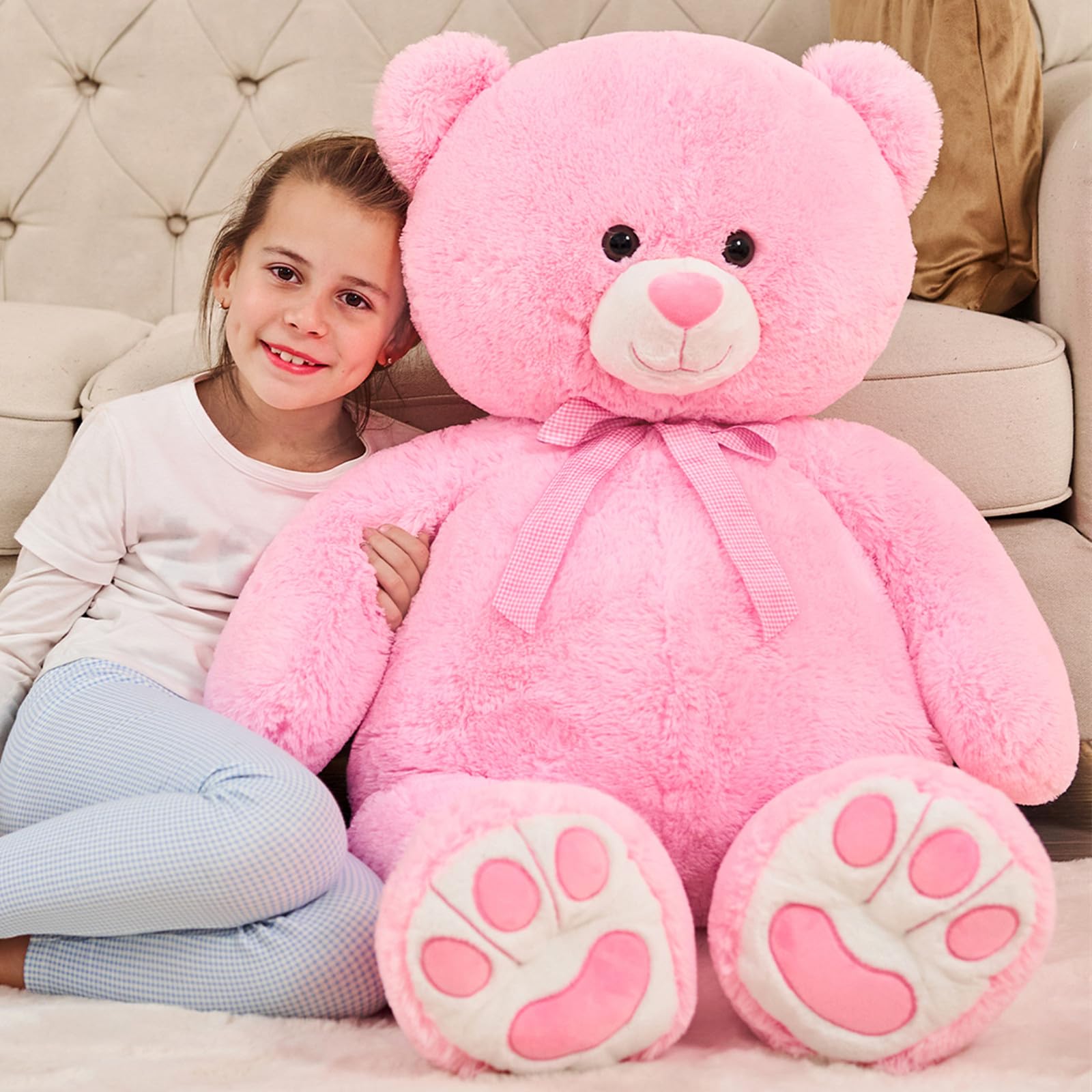 Tezituor Giant Teddy Bear Stuffed Animal, 43 Inch Pink Teddy Bear Plush Toys with Big Footprint, Large Cuddly Bear Christmas Valentine's Day Gift for Girlfriend Kids