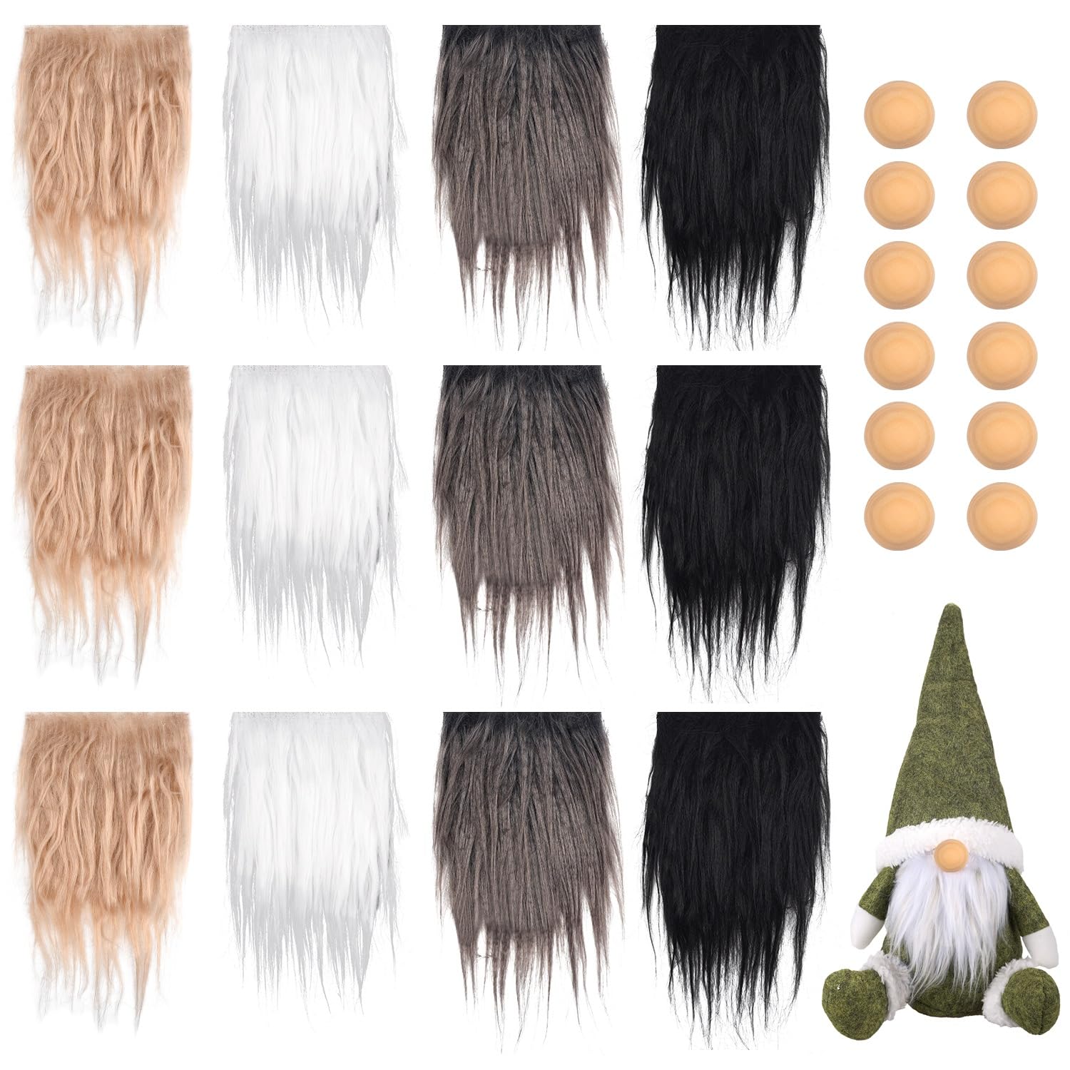 AOVNA 24 Pieces Gnome Beard Accessory 12 Pre-Cut Faux Fur Fabric with 12 Round Wooden Ball Handmade Gnome Craft Supplies (4 Colors)