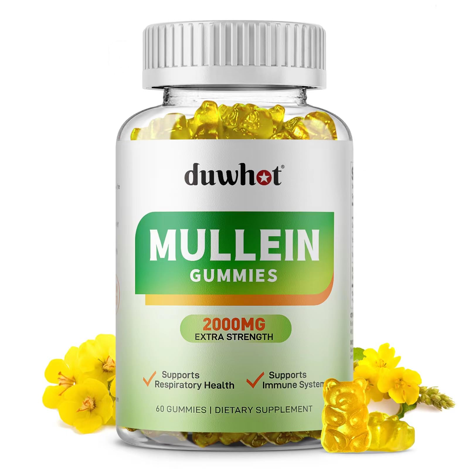 Mullein Gummies for Lung Detox, 2000mg Mullein Leaf Extract for Respiratory & Digestive System Support, Mullein Leaf Organic Supplement for Immune Booster, 60 Vegan Gummies