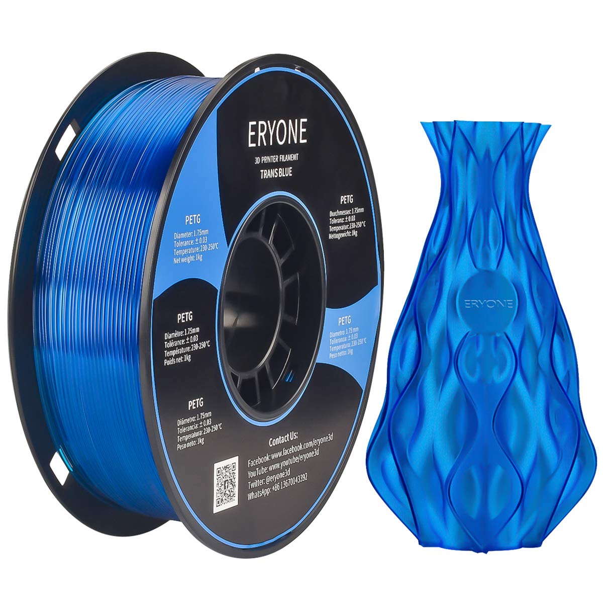 ERYONE PETG Filament, 1.75mm Filament for 3D Printer, 1KG(2.2LBS)/ Spool, Clear Blue